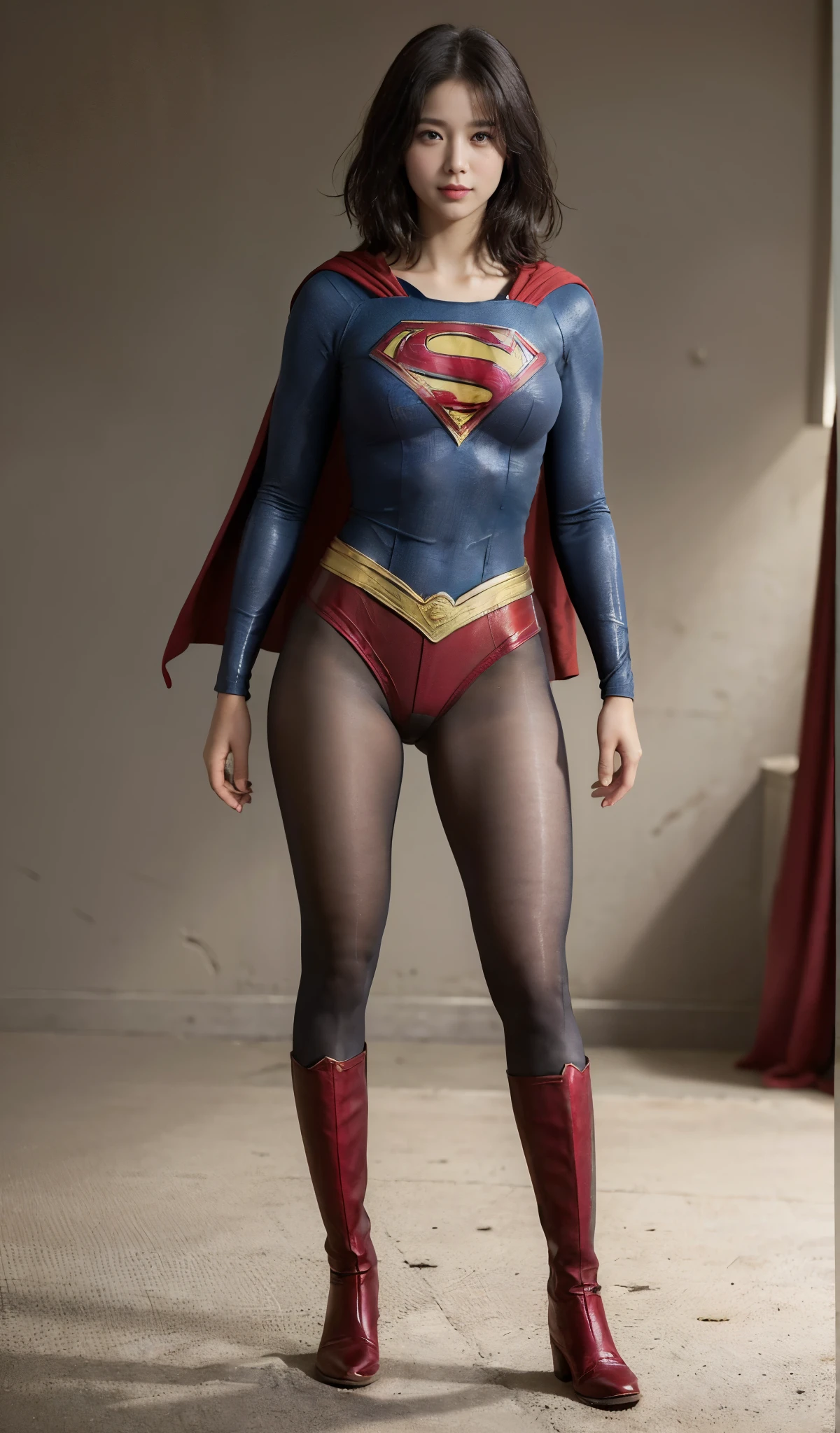 No background、(((Improve your style)))、(((Model Body Type)))、(((Beautiful legs in black tights.)))、(((Legally express the beauty of your smile)))、((((Make the most of your original images)))、(((Supergirl Costume)))、(((A form-fitting Supergirl costume)))、(((Beautiful short bob hair)))、(((suffering)))、(((Please wear black tights....、Wear red boots)))、((Best image quality、8k))、((highest quality、8k、masterpiece:1.3))、(((Preserve background )))、Sharp focus:1.2、Beautiful woman with perfect figure:1.4、Slim Abs:1.2、Wet body:1.5、Highly detailed face and skin texture、8k