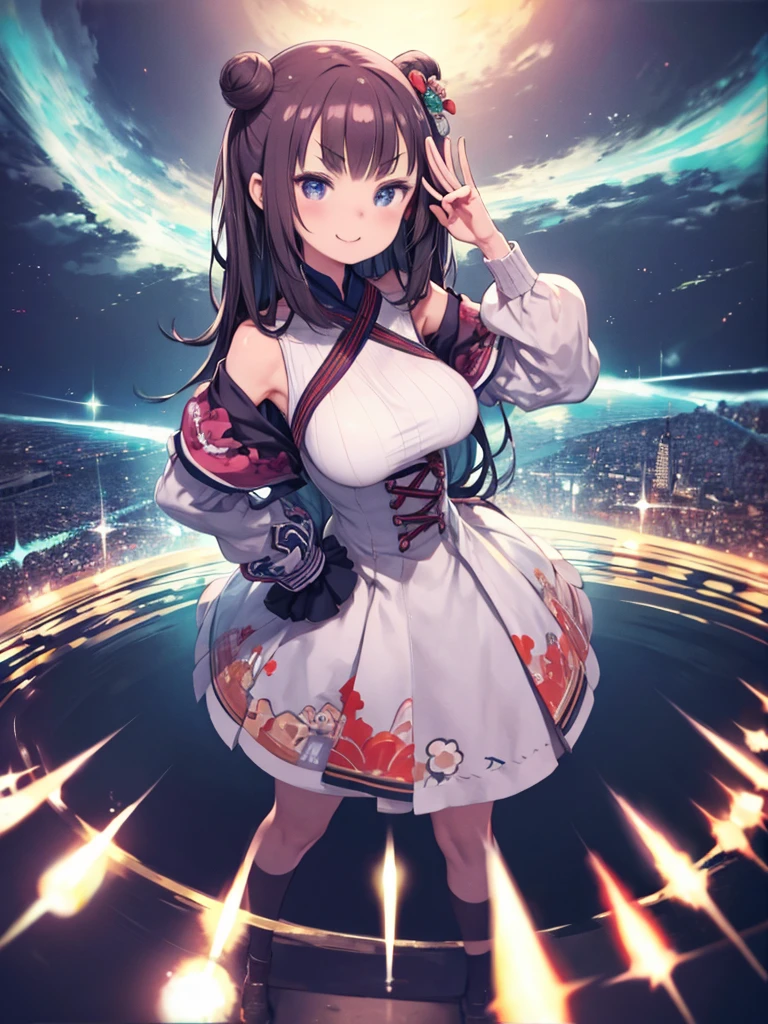 masterpiece、highest quality、High resolution、Very detailed、Close-up、Medium wide shot、Upper Body、Girl、Big Breasts、Hands in front of head、Peace sign in front of the head、salute、Put your hands on your hips、Smile、V-shaped eyebrows、Stand with your feet apart、pose、Dynamic Background、Exploding Background、Angle from above、Fisheye Lens、