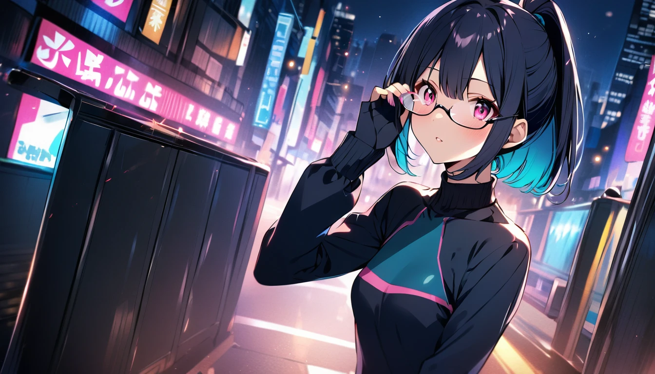 (best quality, 4k),((one girl, skinny body, size, short hair, high ponytail hairstyle, dark blue outer hair, (cyan inner hair), pink eyes, wears contact glasses)). (city nights background)