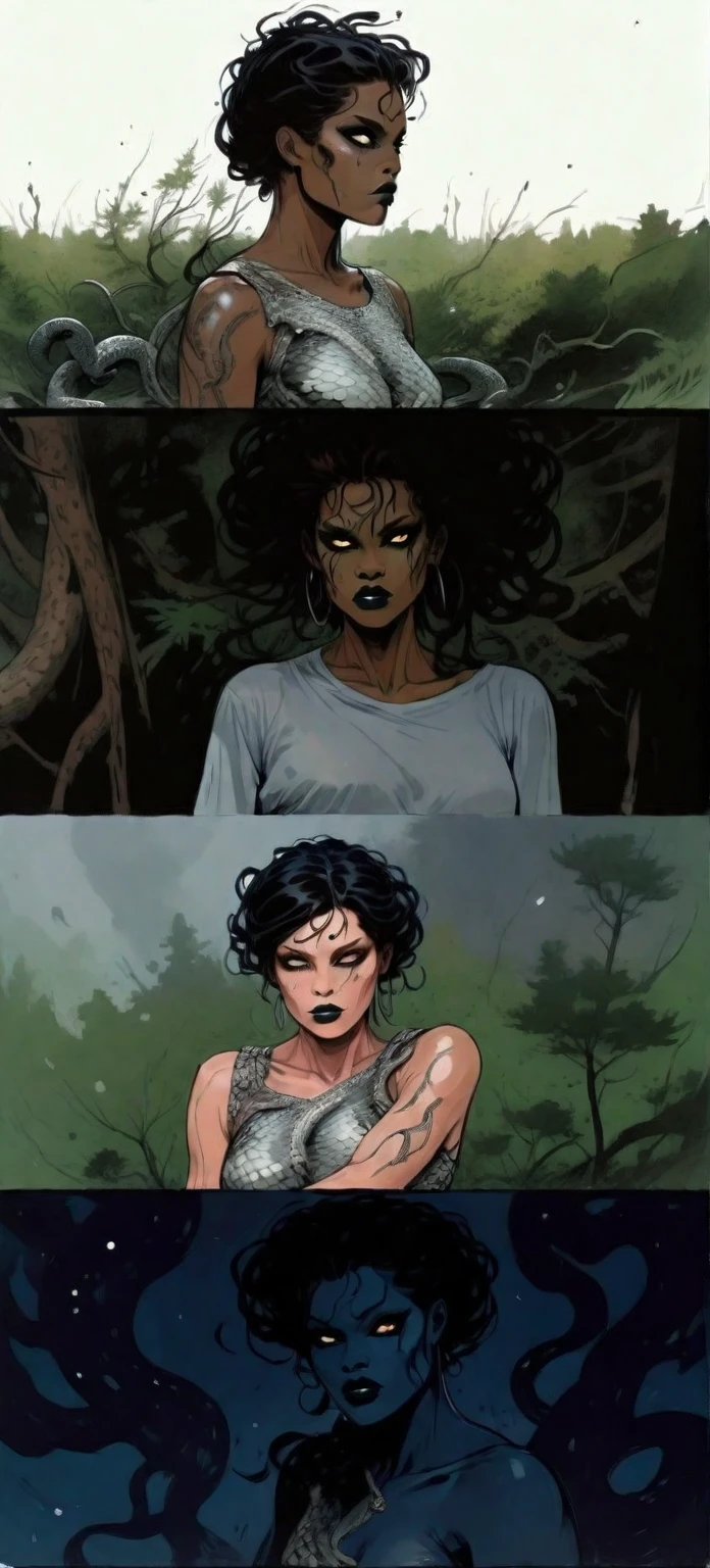 Medusa, splash page decompressed comic cover art, ink style figure, ((expressive Joelle Jones and "Sean Gordon Murphy" comic drawing)), wordless, cinematic poster, double exposure, optical illusion, image within image, abyss void black no visibility darkness, full length portrait, (background, pine barrens, entropy, rewilding, magic hour sunset, galaxy stars, cosmos), (horror, abstract, surreal, body, cosmic), candid, snake skin dress, morphology anatomy drawn Frederic Delavier musculature anatomical illustration, (face, ornate black-metal corpsepaint face paint, resembles Grace Jones), (body, Naga, snakefolk, lower body snake tail, snake woman hybrid, bald, hairless, skeleton, snake skin tattoos, piercing eyes, snake pupils, over the shoulder), (colors, bleak muted deep fiery radiant glowing ROYGBIV, forest green, earth brown), craftsmanship nuance, (Gerardo Zaffino charcoal), subliminal orchids, nyctophobia, silhouette