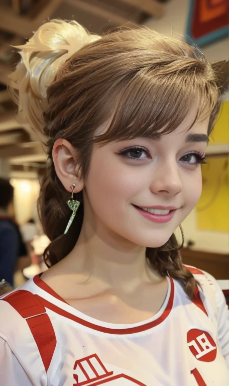 Photo of a 14 year-old american girl, .RAW, beautiful teenage girl, (Long brown hair with ponytail), light brown hair ponytail hairstyle((retrato)), ((Cara detallada:1.2)), ((Detailed facial features)), (Piel finamente detallada)  , (Masutepiece) (proporciones perfectaotos realistas)(La mejor calidad) (Detallado) fotografiado con una EOS R5 de Canon, Lente de 50 mm, f/2.8, NffSW, (8k) (papel tapiz) (cinematic lighting) (Dramatic lighting) (sharp focus) (Enrevesado) senos medianos , pechos medianos , muchas pecas en mejillas y nariz , pecas en pecho, cuerpo completo , hermoso cuerpo de muje adolesente,  lindo maquillaje , gran sonrisa  , mujer delgada escultural , ropa de base ball , uniforme de base ball , foto de cuerpo completo