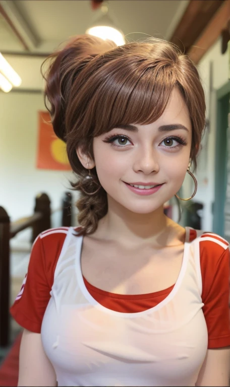 Photo of a 14 year-old american girl, .RAW, beautiful age girl, (Long brown hair with ponytail), light brown hair ponytail hairstyle((retrato)), ((Cara detallada:1.2)), ((Detailed facial features)), (Piel finamente detallada) , (Masutepiece) (proporciones perfectaotos realistas)(La mejor calidad) (Detallado) fotografiado con una EOS R5 de Canon, Lente de 50 mm, f/2.8, NffSW, (8k) (papel tapiz) (cinematic lighting) (Dramatic lighting) (sharp focus) (Enrevesado) senos medianos , pechos medianos , muchas pecas en mejillas y nariz , pecas en pecho, cuerpo completo , hermoso cuerpo de muje adolesente, lindo maquillaje , gran sonrisa , mujer delgada escultural , ropa de base ball , uniforme de base ball , foto de cuerpo completo