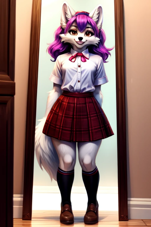 Man, anthropomorphic arctic fox, Brown eyes, wearing a green plaid skirt, wearing a white shirt, purple bow on hair, crossdresser, smiling happily, standing in front of a mirror digital art, visible legs, full length