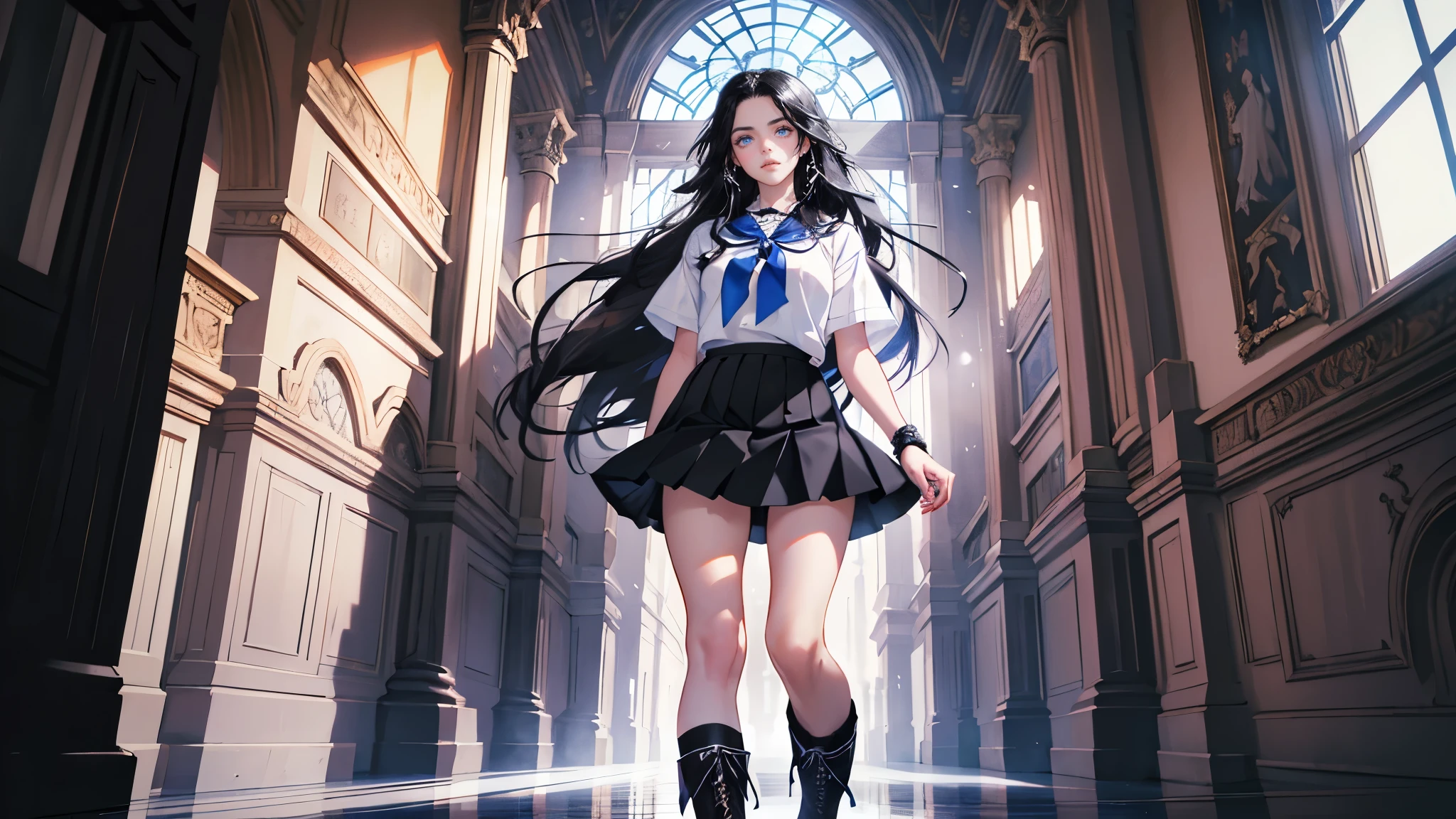 masterpiece, ultra detailed, 8k portrait, RAW photo, portrait photography, highly detailed face, beautiful and meticulous eyes, (black long hair:1.5), blue eyes, white hair band and ribbon, blue school wear, blue pleats mini skirt, white tights, half boots, standing,