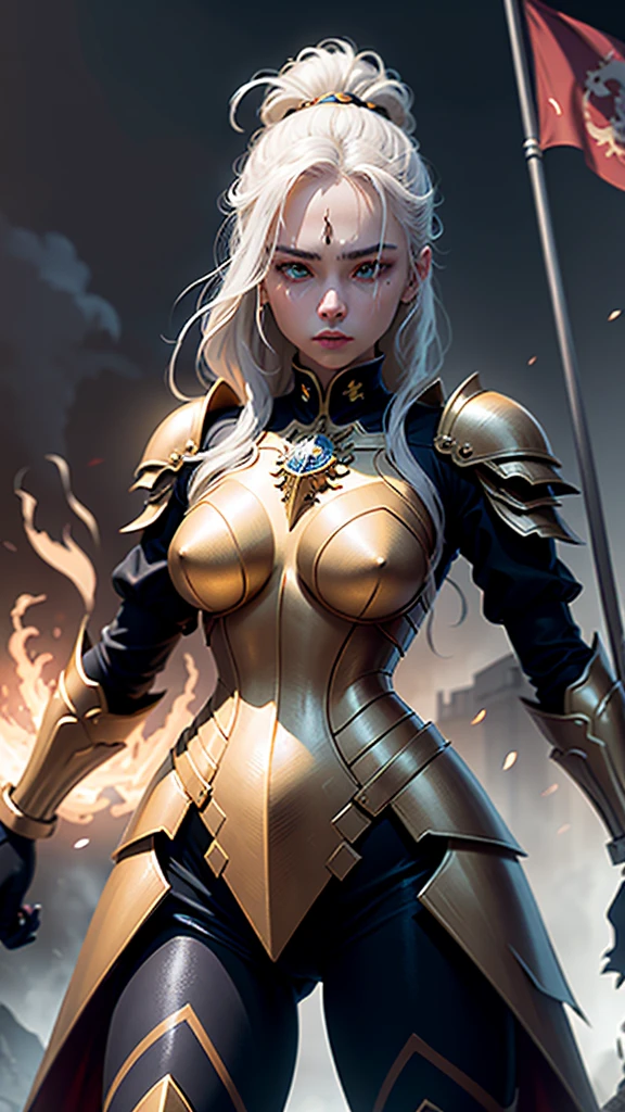 (golden armor,strong,shiny,ornate),(golden soldiers,detailed,stoic),(warriors of death,dark,ominous),(battlefield,smoky,foggy),(epic duel,action-packed,clashing swords),(billowing flags,striking,fluttering),(ruins of a castle,crumbling,overgrown),(moonlit night,moody,mysterious),(ghostly apparitions,ethereal,haunting),(glowing eyes,piercing,otherworldly),(dramatic lighting,intense,contrasting),(painting-like quality,masterpiece:1.2),(vivid colors,dramatic,high contrast)