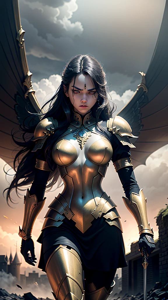 (golden armor,strong,shiny,ornate),(golden soldiers,detailed,stoic),(warriors of death,dark,ominous),(battlefield,smoky,foggy),(epic duel,action-packed,clashing swords),(billowing flags,striking,fluttering),(ruins of a castle,crumbling,overgrown),(moonlit night,moody,mysterious),(ghostly apparitions,ethereal,haunting),(glowing eyes,piercing,otherworldly),(dramatic lighting,intense,contrasting),(painting-like quality,masterpiece:1.2),(vivid colors,dramatic,high contrast)