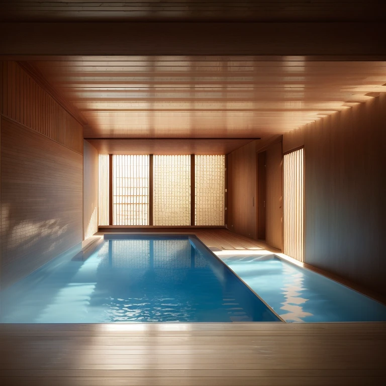 There is a pool in the middle of the room with a wooden ceiling., inspired By Peter Zumthor, ryohji hase, By Peter Zumthor, John Pawson, Luxury hot spring, Inspired by Tadao Ando, Kano Tanyou, Japan. Volumetric lighting, Inspired by David Chipperfield