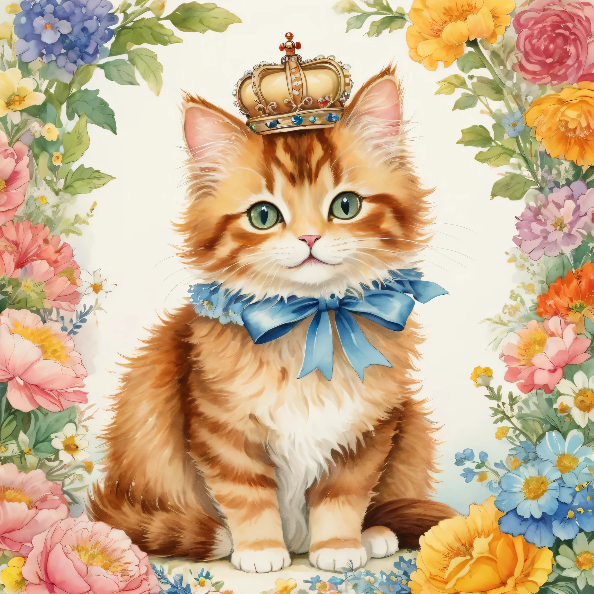 ((Cat with a bouquet)),masterpiece,highest quality,Fluffy cat,Little,cute,Adorable,fun,happiness,,Flower Hair Ornaments,Stylish scenery,Anatomically correct,all the best,,Little cat,The cutest cat,Fantasy,Randolph Caldecott Style,Awareness-raising,Watercolor,Decorative frame,Fancy,Sparkling,Wide range of colors,Gentle colors,crown,King&#39;s Mantle