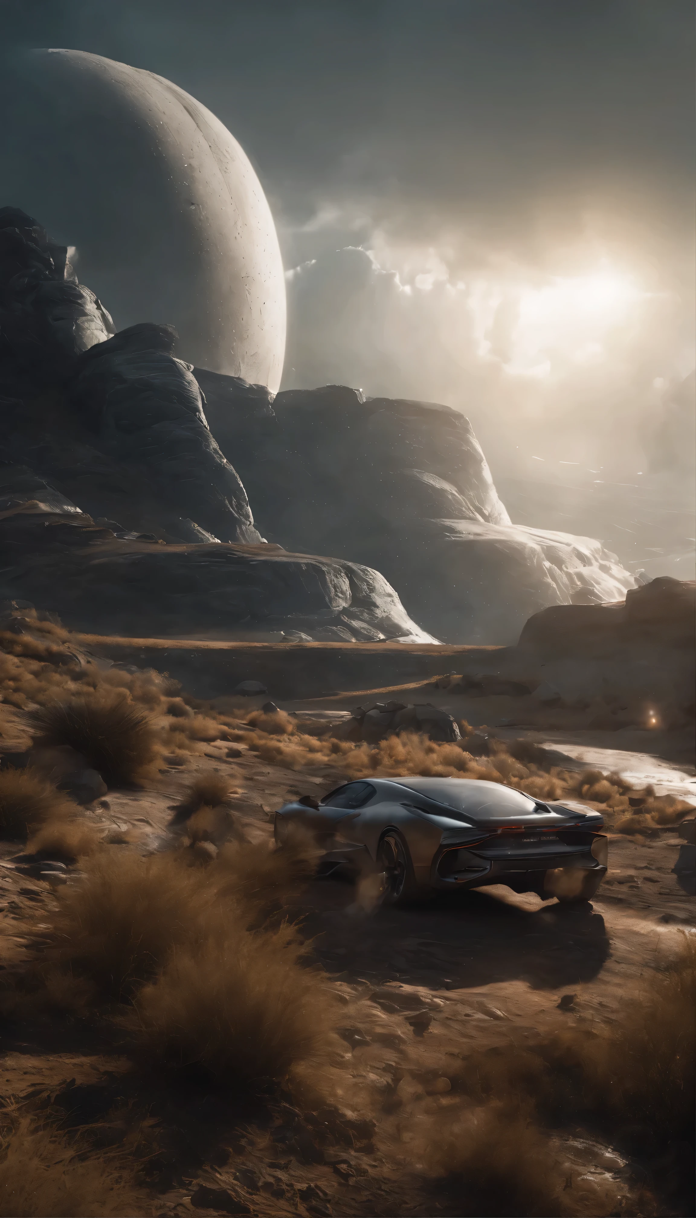 A stunning concept art piece depicting a traditional landscape in 8K resolution、It boasts super cool and ultra realistic sci-fi elements.。The images are filled with dramatic and atmospheric lighting.、Light rays trace ultra-detailed 3D environments。This scene、Dark shadows to highlight the ultra-detailed features that are trending in 4K Ultra HD ArtStation、Creates cinematic lighting effects。The central focus is、The design emphasizes the futuristic machinery placed in a rustic landscape.、Adds attractive contrast to the image。Unrealistic Engine 5 rendering、Enhance your visual experience、This really makes this a masterpiece.。