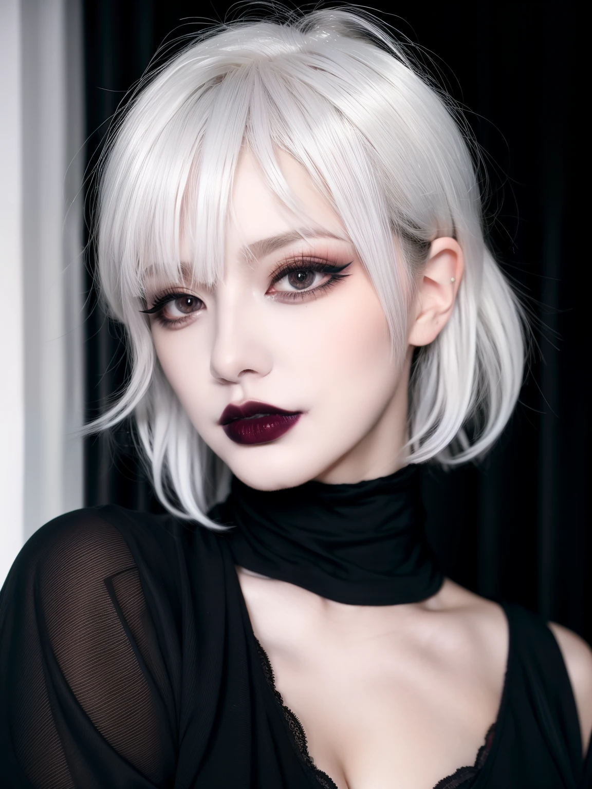 Best quality, masterpiece, super high resolution, (realism: 1.4), white hair, white curly hair, short hair, pale skin, bedhead, wispy bangs, black turtleneck, black lipstick, black long sleeves, indoors, eye shadow, mascara, black clothing, goth