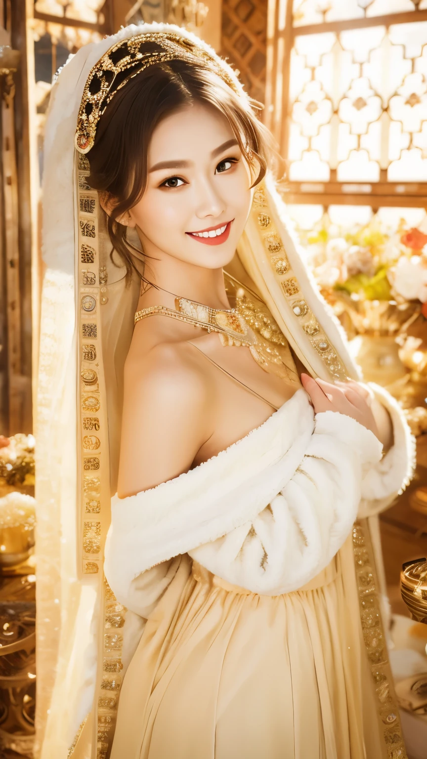 Fashion model 25 years old [[[[close up]]]], [[[[neck]]]], [[[[Shoulder]]]], Perfect eyes, Perfect iris，Perfect lips，Perfect Teeth，Perfect skin，White skin，Soft headlight，High-density imaging review，（Face is clear and delicate），((Smile))，((Background is indoor))，best quality，masterpiece，（Soft colors：1.2）