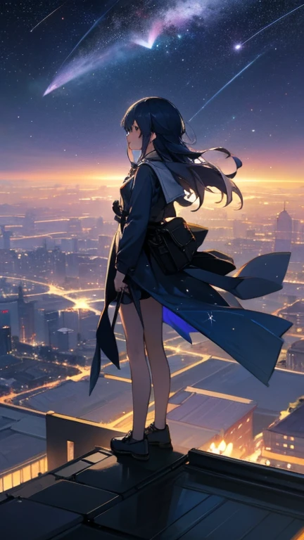 Girl Standing On The Rooftop。The city lights below、A shooting star is falling in the sky