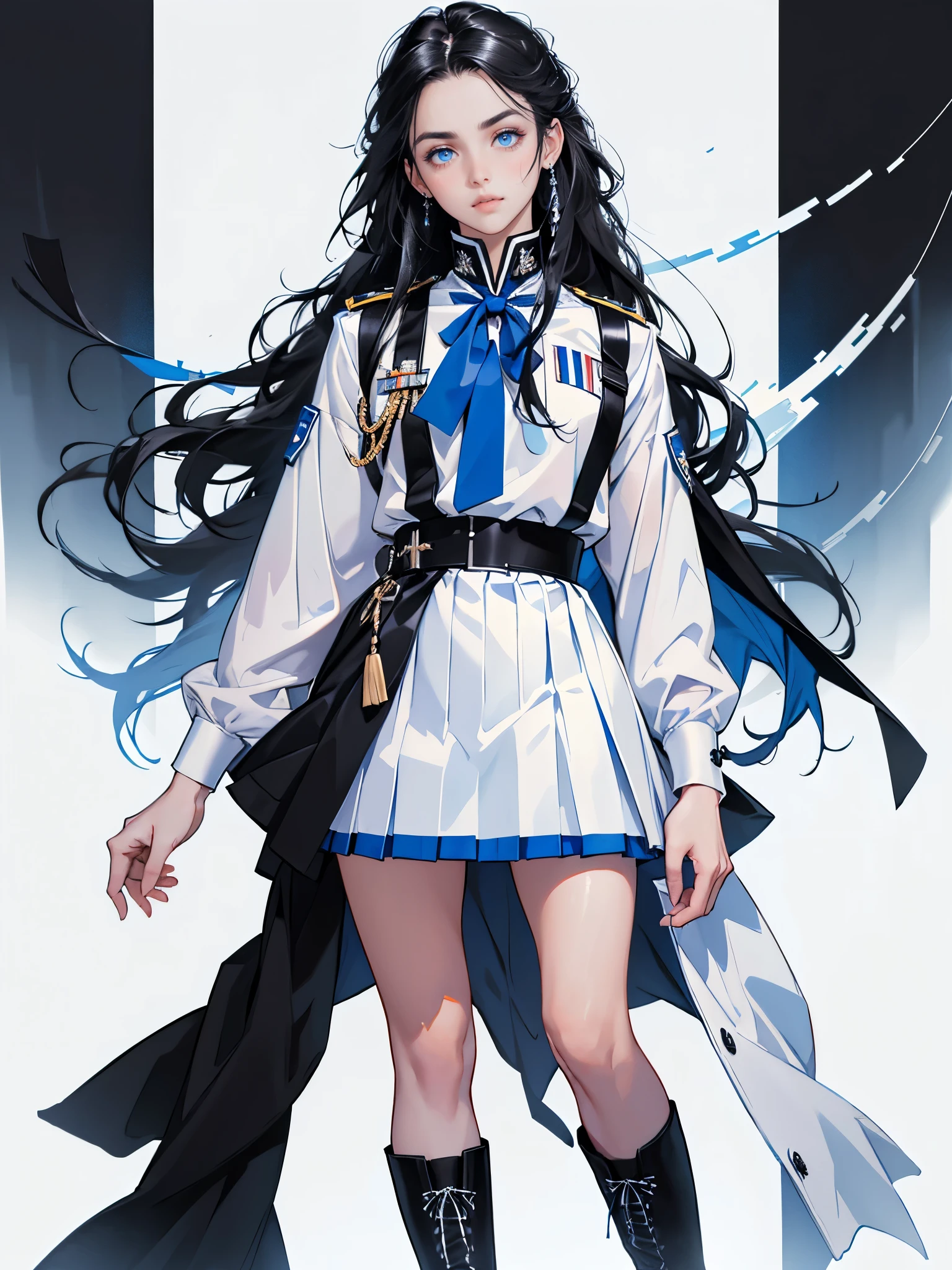 masterpiece, ultra detailed, 8k portrait, RAW photo, portrait photography, highly detailed face, beautiful and meticulous eyes, (black long hair:1.5), blue eyes, white hair band and ribbon, blue military uniform with white center line, blue pleats mini skirt, white tights, half boots, standing, 