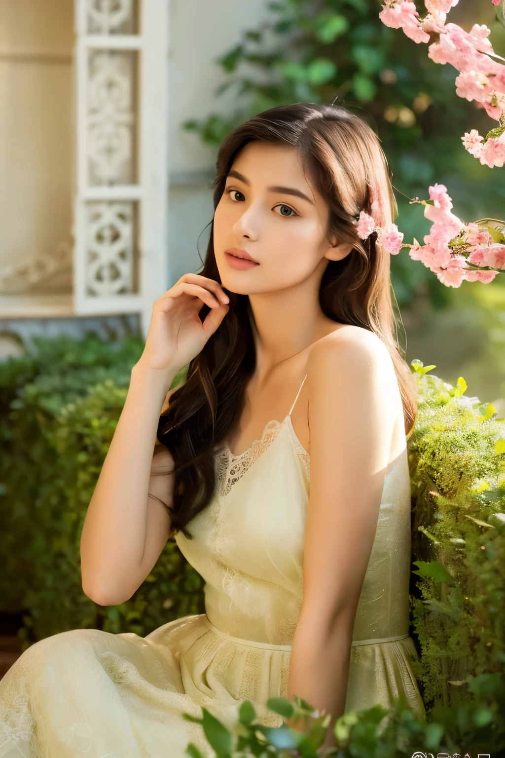 (a beautiful,attractive,stunning) girl, (exquisite,detailed) face, (captivating,expressive) eyes, (delicate,pouty,luscious) lips, (silky,flowing) hair, (porcelain,golden) skin, (slender,graceful) figure, (elegant,poised) posture, (relaxed,contented) expression, (gazing,looking out) from the window, (sunlight,bright light) illuminating her (radiant,luminous) beauty, (soft,gentle) breeze gently caressing her skin, (serene,peaceful) ambiance.

The girl is sitting on a (cushioned,comfortable) seat, beside a (large,ornate) window. The window is adorned with (lacey,sheer) curtains, allowing the (warm,golden) sunlight to filter through, creating (dancing,ethereal) patterns in the room. The window overlooks a (lush,green) garden, filled with (colorful,vibrant) flowers and (towering,tall) trees.

The girl is (contemplating,lost in thought), her (mind,wandering) to distant places. Her (graceful,delicate) hands rest on her (smooth,silky) thighs, as she (absorbs,soaks in) the beauty of her surroundings. Her () body is an expression of freedom and confidence.

The atmosphere is (calm,tranguil), as if time stands still. (Soft,gentle) music plays in the background, adding to the serene ambiance. The room is filled with the aroma of (fresh,fragrant) flowers, enhancing the sensory experience.

The overall quality of the image is (best quality,4k,8k,highres,masterpiece:1.2), with (ultra-detailed) elements. The colors are (vivid,bold), with a (warm,sun-kissed) tone. The lighting is (soft,subtle), casting (gentle,playful) shadows on the girl's face and body, creating depth and dimension. The image exudes a sense of (realism,photorealism,photo-realism:1.37), as if the girl could come to life at any moment.

 