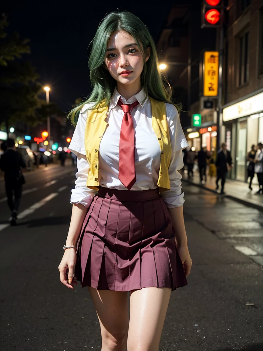 (1 lady), (Best quality at best:1.4), (ultra - detailed), (extremely detailed CG unified 16k), A Beautiful Woman with Perfect Figure: 1.4, Sharp Focus: 1.2, very detailed, High-definition RAW color photo, professional photoshooting, amazing face and eyes, cosmetics, (amazingly beautiful girl), ((Mion Sonozaki)), ((white shirt, red necktie, yellow vest, red skirt)), standing, sexyposture,(Dark and stylish urban landscape, city lights, city lights:1.3), (look from down), realistic cinematic face, head to feet long wide zoomed out view, full body long view, photorealistic, ((realistic natural green hair style, green eyes, long hair)), gorgeous, extremely beautiful face, perfect model beauty, pout mouth, Highly Detailed Face and Skin Texture, Detailed Eyes, Double Eyelids, Big Breasts, Smile, cleavages, western, (masterpiece), best quality, high resolution, extremely detailed, blurred background, depth of field, cinematic lighting, amazing legs, clear and well-cared skin, (((woman occupies most of the picture)))