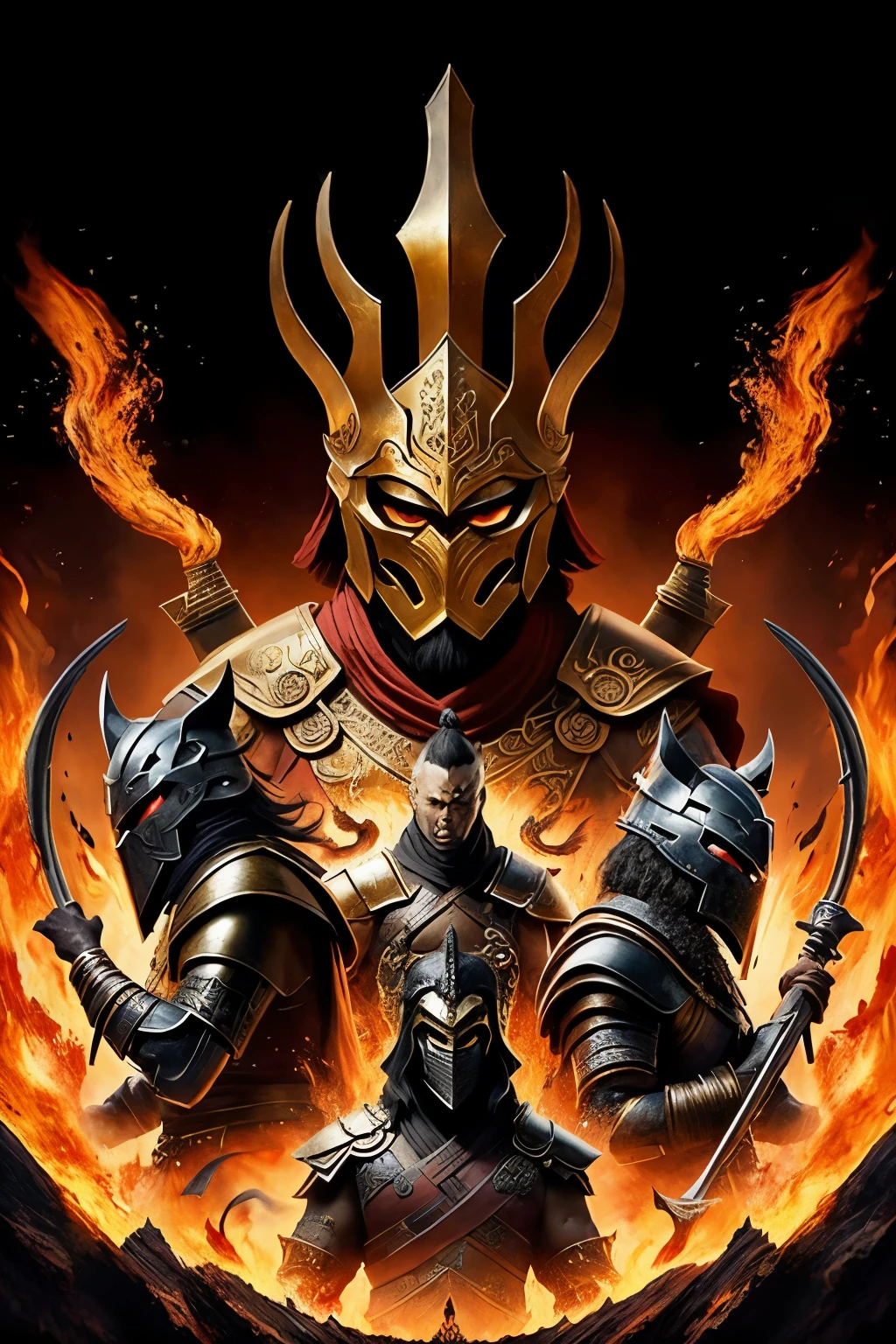 (8K) (Artstation is very detailed), there are three people in the picture, all wearing lava masks and armor, ancient Chinese armor, epic battle scenes, the dark part of the armor has the pattern of Chinese Loong, gold armor, and the dark part of the character has rich details. The background is a Chinese style fantasy scene, with ultra detailed details throughout the entire screen
(Best quality, 4K, 8K, high resolution, masterpiece: 1.2), ultra detailed, (actual, photo actual, photo actual: 1.37), HDR, ultra high definition, studio lighting, ultra fine painting, clear focus, physics based rendering, extremely detailed description, professional, vibrant colors, shot, landscape, fiery red and dark black,