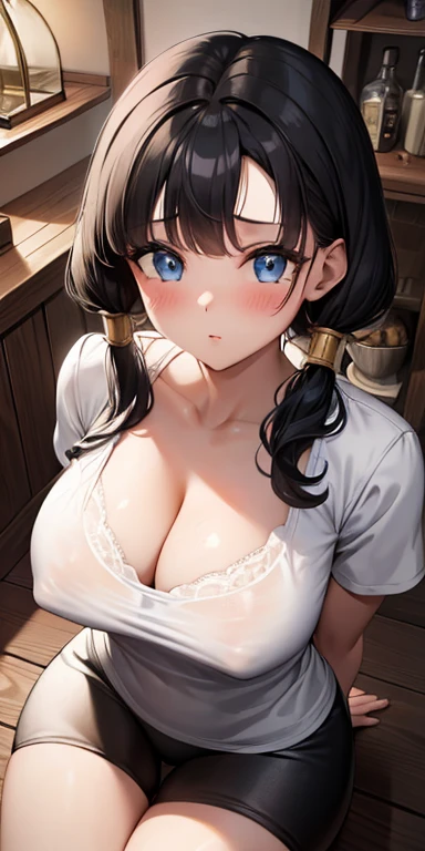 masterpiece, best quality, ultra-detailed, illustration,masterpiece, Best quality, high resolution, high resolution, masterpiece, best quality, highres, videl2, solo, blue eyes, black hair, twintails, black gloves, bike_shorts, bangs, white shirt, badge, big breasts, black shorts, tight shorts, mini shorts,beautiful detailed eyes, looking at viewer in a seductive look, close up, (arms behind back:1.2), (from above:1.1),big sized breasts, attempt to seduce, sitting,(blush),cleavage,((pink lace bra))