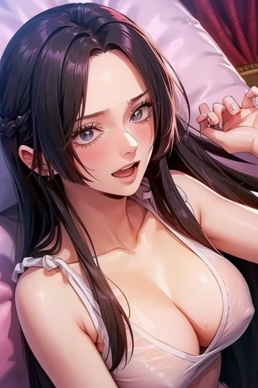 best quality, masterpiece, highly detailed,1girl, Boa Hancock, , (masterpiece:1.5), Detailed Photo, Smiling, Sexy, (8K, Best Quality: 1.4), (1girl), Beautiful Face, (anime realistic Face), (Black Hair, long Hair: 1.3), Beautiful Hairstyle, Realistic eyes, beautiful detail eyes, (white skin), beautiful skin, absurd, attractive, ultra high resolution, ultra realistic, high definition, golden ratio, (sexually aroused:1.5), Pinkish white skin, cool white light, sexy pose, Beautiful , white background, pink soft white light, Wear a white tank top