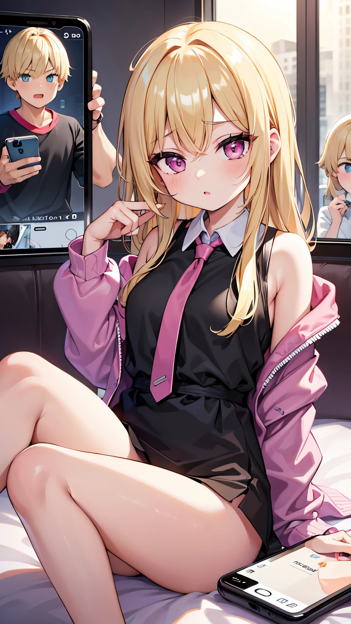 One boy,shooting hand、throw, Lift the smartphone screen、Girl on smartphone screen、Smartphone screen in front of the screen、Smartphone Focus、One girl、Girl in the back、Blonde Gal、Flashy makeup、Shiny pink bed、