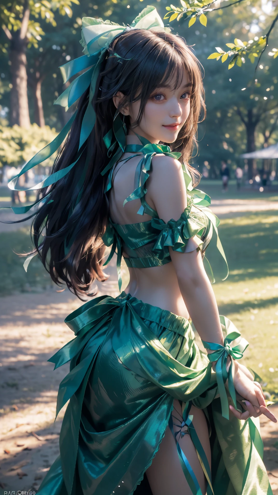 (ultra-realistic realism), (illustratio), (A high resolution), (8K), (The is very detailed), (Best Illustration), (Beautifully detailed eyes), (top-quality), (ultra - detailed), (tmasterpiece), (HD Color), 1 girl, ((24 years old girl)), ((glosy skin)), (A detailed face), solo, 1 girl in, looking at viewert, finedetail, A detailed face, in the darkness nigth, deep shading, low tune, pureerosfaceace_V1, A smile, green shawl ,straight hair, 46-point diagonal bangs, (beautiful stomach, strips), (shining ribbon:1.5), (cropped shoulders), (in the park:1.5), lake, ((back pose)),