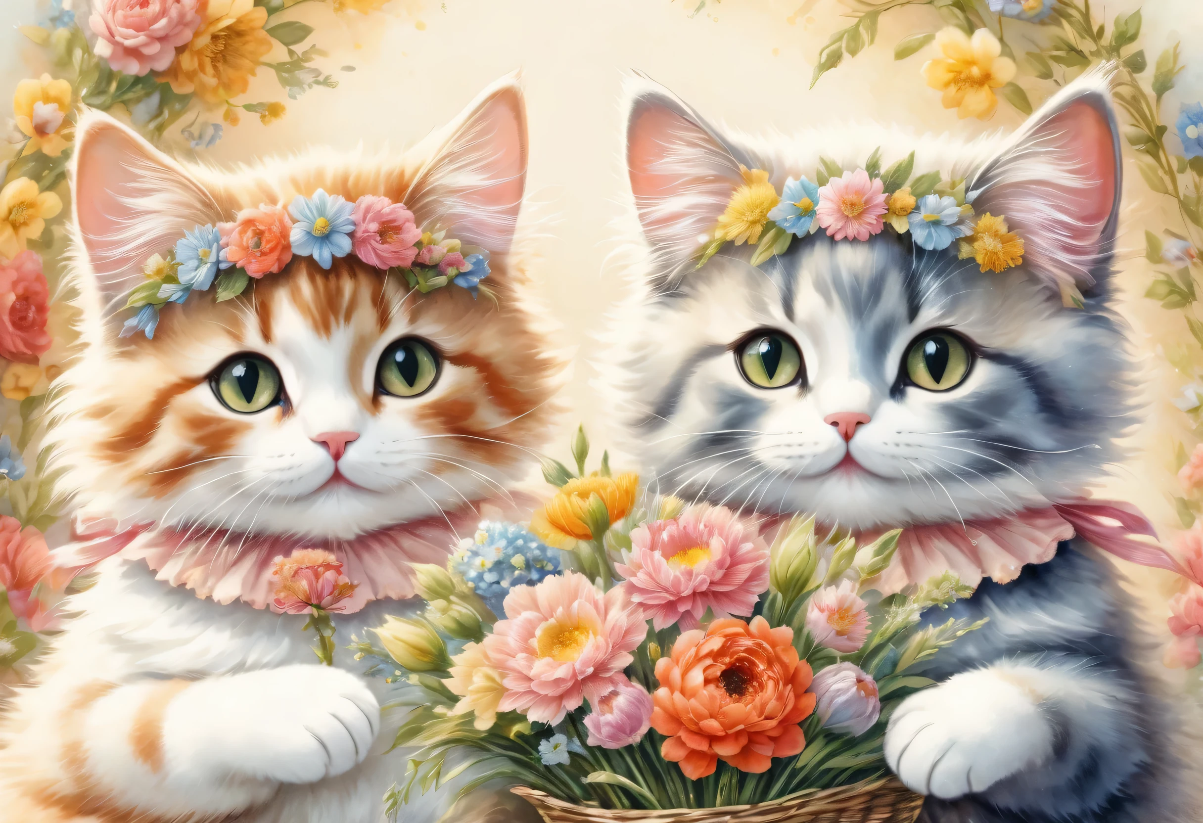 ((A couple of cats holding a bouquet)),masterpiece,highest quality,Fluffy cat,Little,cute,Adorable,fun,happiness,,Flower Hair Ornaments,Stylish scenery,Anatomically correct,all the best,,Little cat,The cutest cat,Fantasy,Randolph Caldecott Style,Awareness-raising,Watercolor,Decorative frame,Fancy,Sparkling,Wide range of colors,Gentle colors
