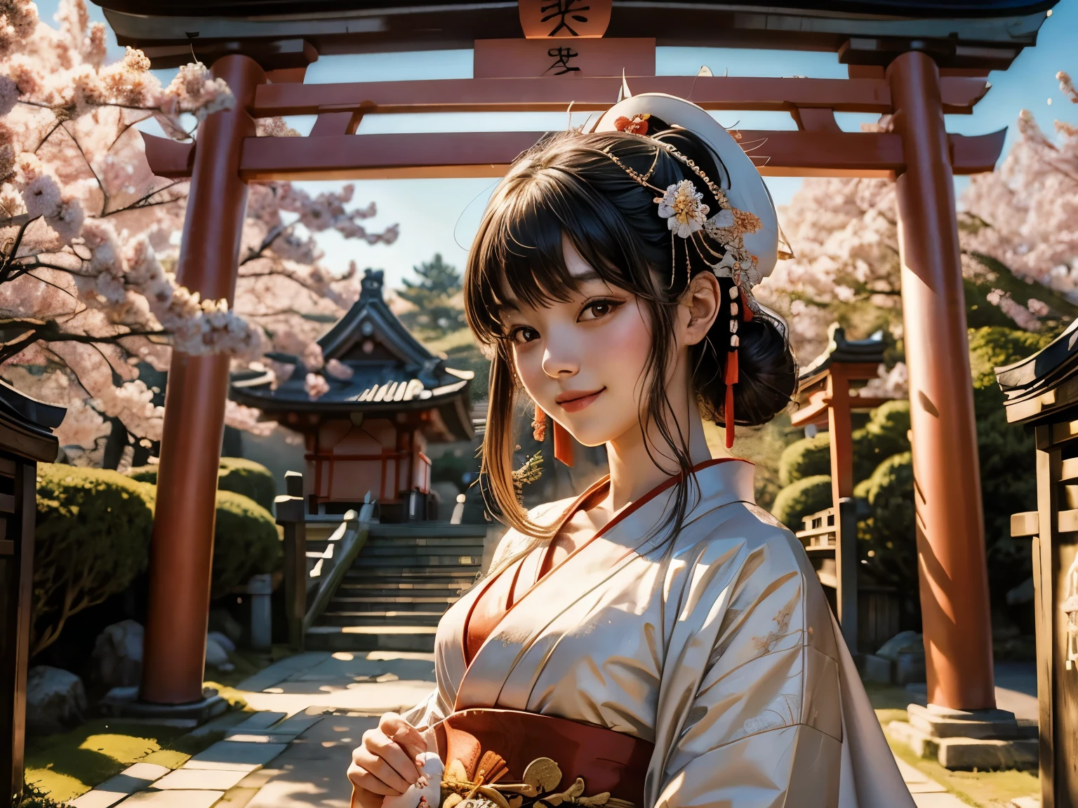 "Masterpiece of the highest quality, portrait of a beautiful Japanese shrine maiden holding a pure white rabbit, smiling and looking towards the viewer with a torii gate of a shrine in the background. The photograph captures a shallow depth of field and perfect lighting, showcasing a clear, sparkling atmosphere, surrounded by seasonal flowers. The image highlights the shrine maiden's flawless face, embodying the essence of a Japanese shrine maiden."