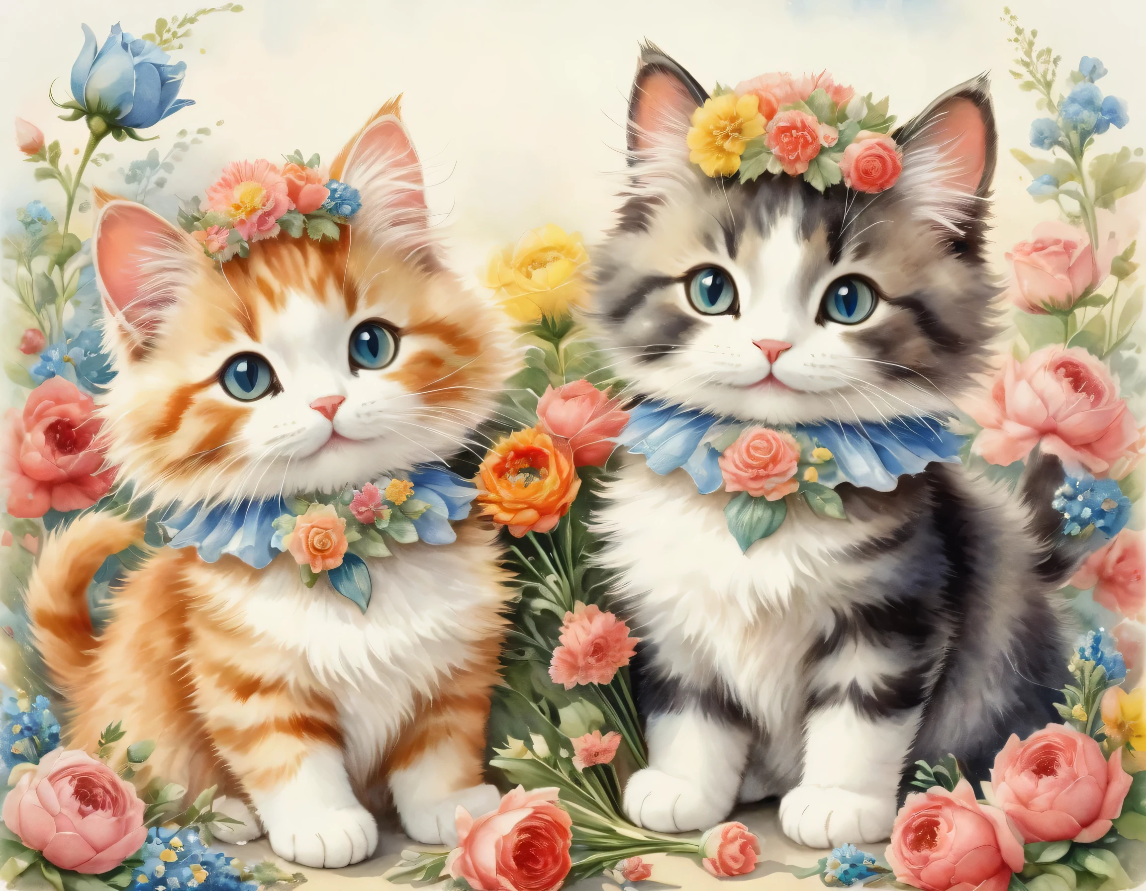 ((A couple of cats holding a bouquet)),masterpiece,highest quality,Fluffy cat,Little,cute,Adorable,fun,happiness,,Flower Hair Ornaments,Stylish scenery,Anatomically correct,all the best,,Little cat,The cutest cat,Fantasy,Randolph Caldecott Style,Awareness-raising,Watercolor,Decorative frame,Fancy