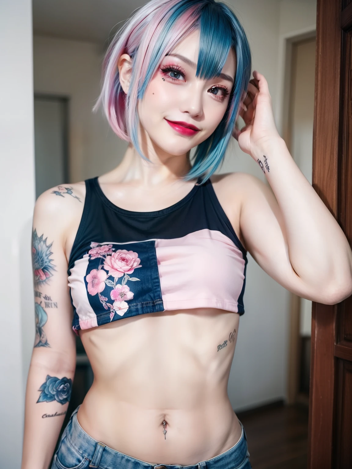 masterpiece, best quality, highly detailed,1girl,indoors, adult, split-color hair, blue hair, pink hair, hair over eye, dynamic pose, clothes, grin, lipstick, pixie hair, tattoos, crop top