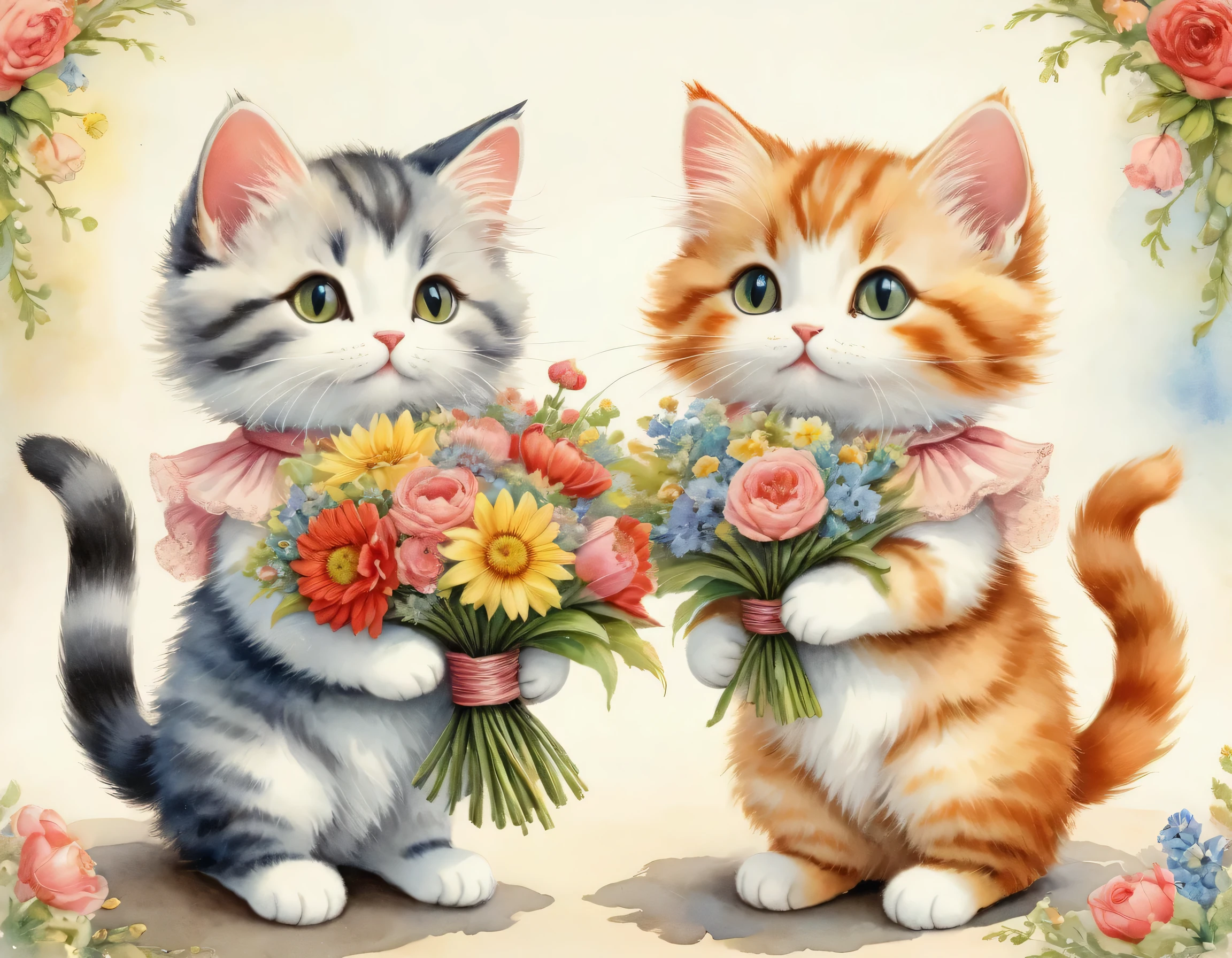 ((A couple of cats holding a bouquet)),masterpiece,highest quality,Fluffy cat,Little,cute,Adorable,fun,happiness,,Flower Hair Ornaments,Stylish scenery,Anatomically correct,all the best,,Little cat,The cutest cat,Fantasy,Randolph Caldecott Style,Awareness-raising,Watercolor,Decorative frame,Fancy