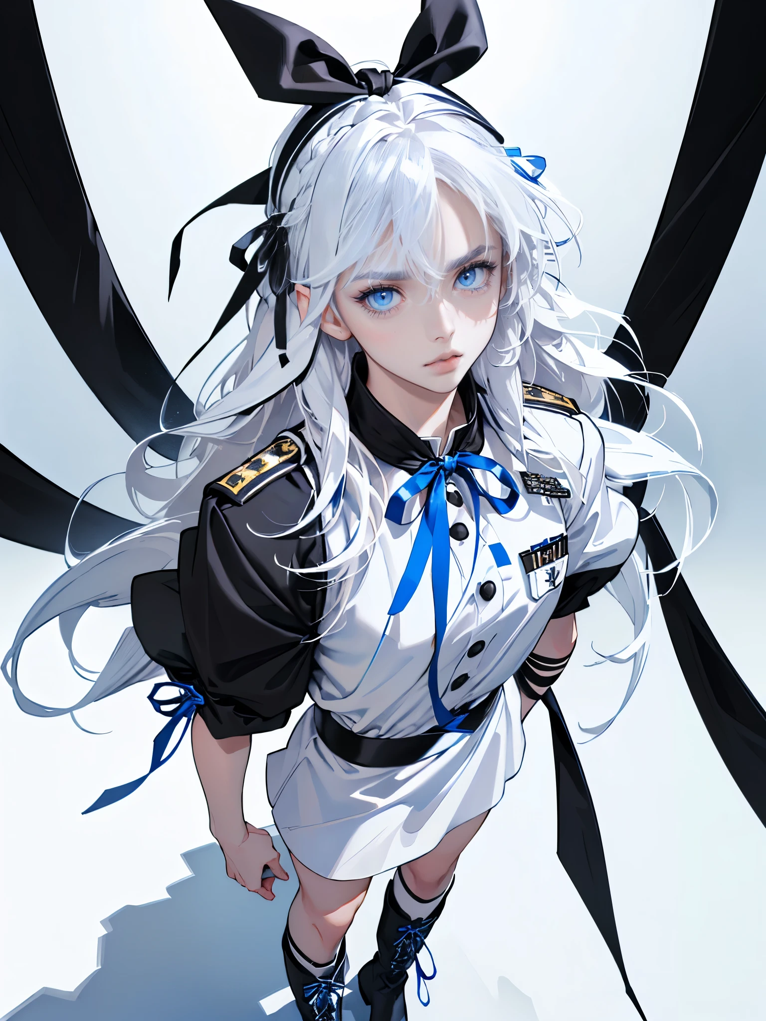 masterpiece, ultra detailed, 8k portrait, RAW photo, portrait photography, highly detailed face, beautiful and meticulous eyes, (black long hair:1.5), blue eyes, (white hair band and ribbon:1.5), white center line blue military one-piece uniform, mini skirt, white tights, half boots, standing, 