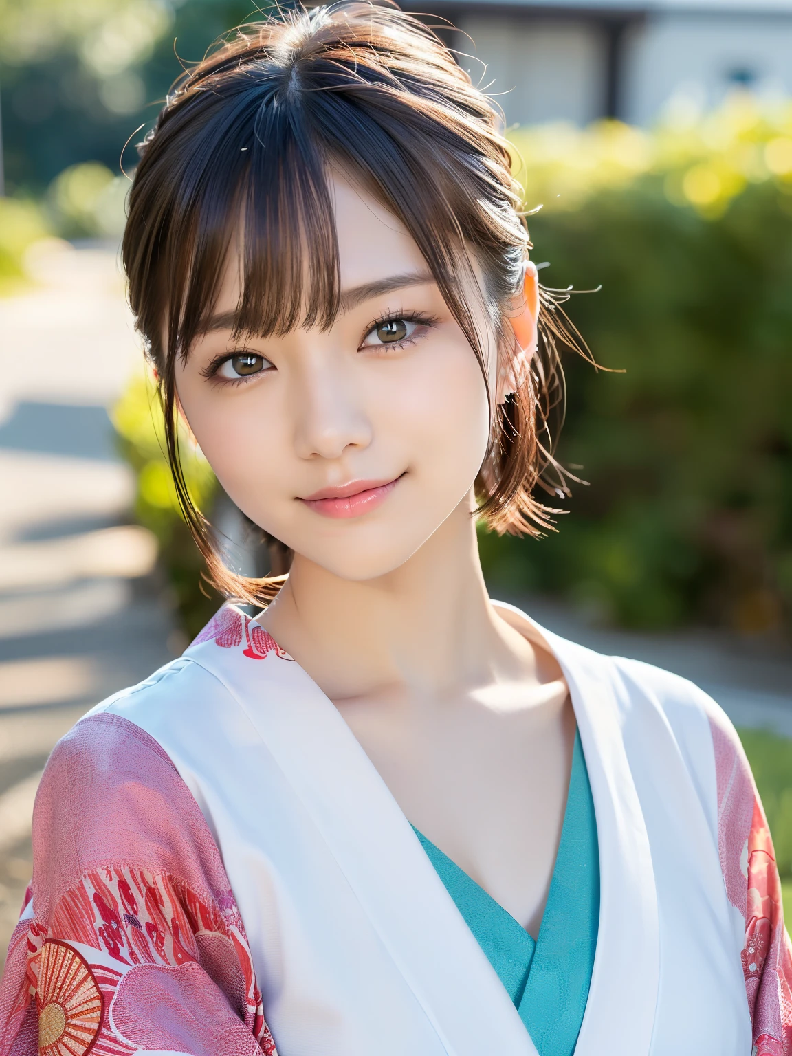 (highest quality:1.5)、(Real:1.5)、(1 person:1.5)、Medium Shot、(Very detailed)、(High resolution)、8k、Small breasts、Natural color lip、Cute smile、Japanese women、20 year old girl、Thin eyebrows、Beautiful and elegant face、Cute face、Cute eyes、Big eyes、Big Eyes、Fair skin、Beautiful and elegant face、Natural Bangs、Beautiful and thin nose、 Beautiful Skin、Medium Bob Hair、Natural Bangs、Perfect and beautiful facial features、Slim face and figure、(With a cute expression)、(Bright lighting)、Professional Lighting、(Lighting from the front)、Adorable smile、cute、Beautiful shoulders、Simple Background、Outdoor、(Wearing a kimono with a wide open chest)、Beautiful cleavage、