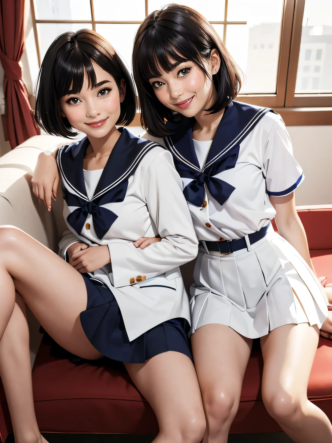 (top-quality、in 8K、32K、masterpiece、超A high resolution、Impresionismo、Photorealsitic:1.2)、Full body, Inside the classroom、Schools、Evening glow、beauitful face、blurry backround、16-year-old beautiful girl、shinny skin、bob cuts、Beautiful black hair、(Katyusha:1.2)、a sailor suit、Pleated miniskirt、Curve、dynamicposes、Smile with open mouth、Two girls, lying on sofa