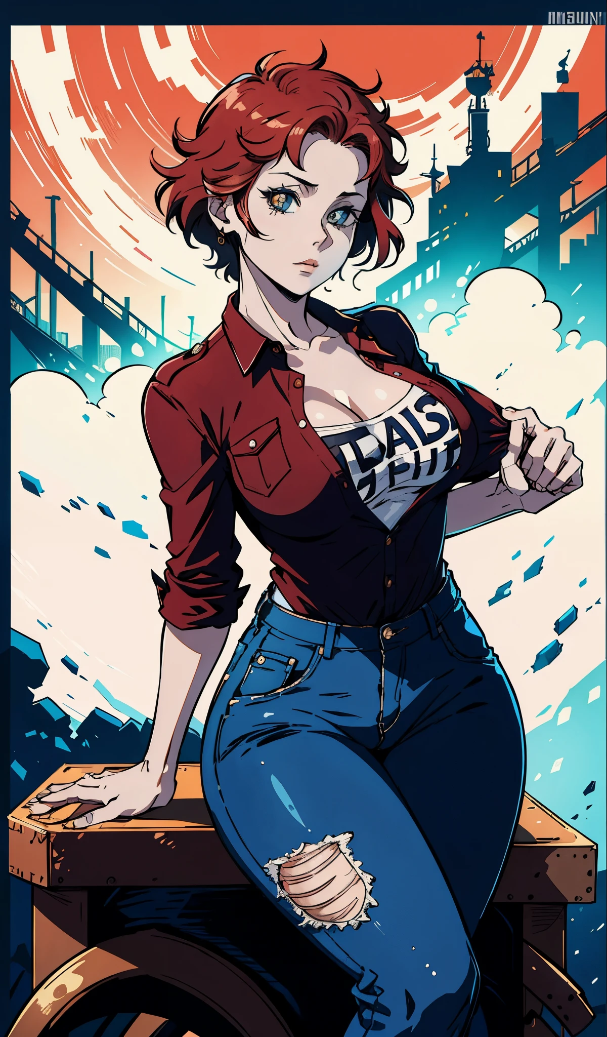 Mulher ruiva com seios grandes, rabo de cavalo, camisa vermelha, denim trousers, casual scenario she is leaning on something, a speech balloon, perfect eyes, perfect hands