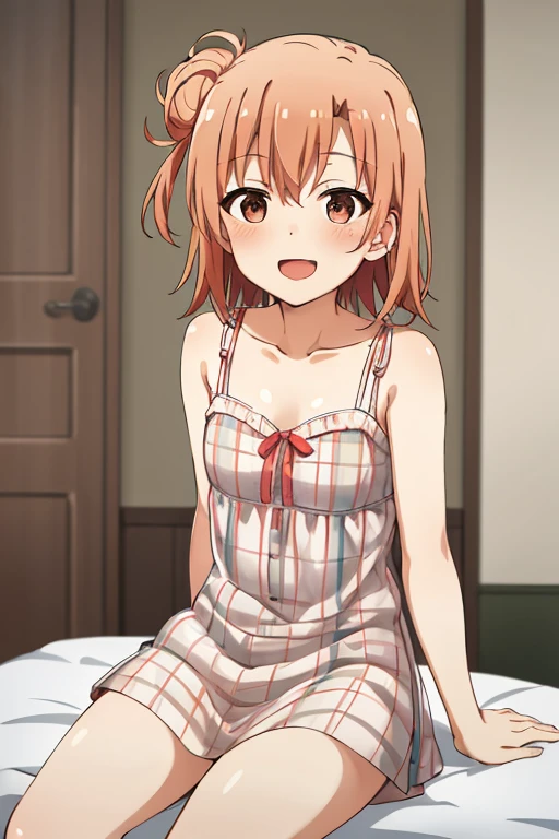 ((highest quality)), ((masterpiece)), (be familiar with), Perfect Face, indoor, Bedroom, Watching the audience,
One woman, Yuigahama Yui,
Open Mouth, Ecstatic expression, blush, smile,
Small breasts, Flat Chest, Young Girl, , , Girl,
Short Hair, Salmon-colored hair, Salmon-colored eyes, Side Pony,
Leg spread,