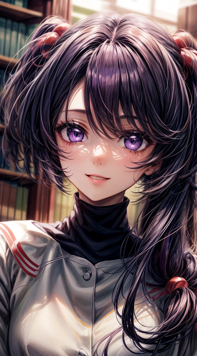 anime art, (masterpiece, best quality, perfect face, highest detailed face, colorful), 1girl. (((Kotomi))), face focus, full body, (((white dress:1.2))), purple hair, purple eyes, slight smile, beautiful eyes, looking at viewer, library at background, sunlight passing through hair, (extreme detailed, intricate details)