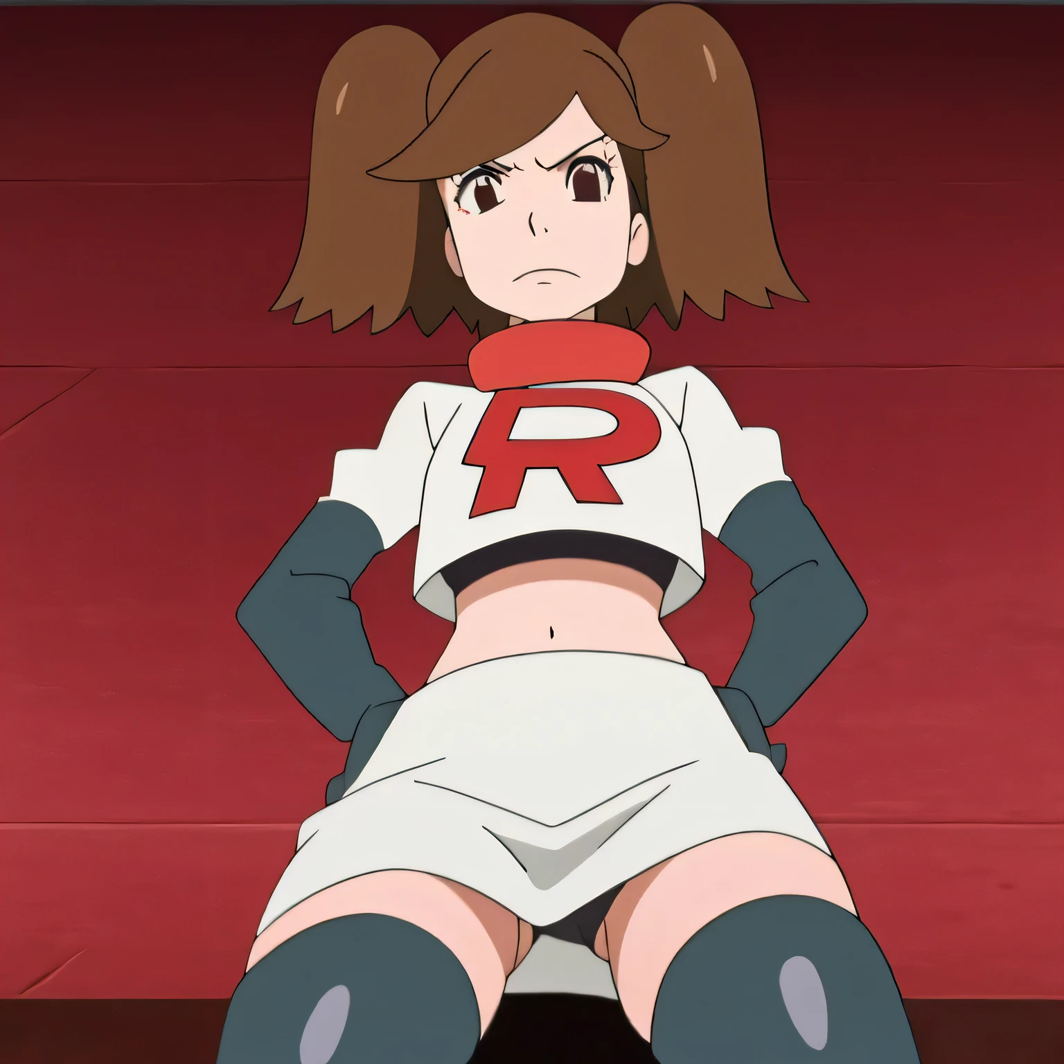 masterpiece,best quality,high res,high quality,8k, masterpiece,highres, team rocket uniform, red letter r, white skirt,white crop top,black thigh-high boots, black elbow gloves, glaring angrily, looking down at viewer, hands on hips, cowboy shot, zettai ryouiki,spread legs,from below, black panties,anime style, vivid colors, sharp focus, intense lighting,namida suzameno,two braids,brown hair,brown eyes,sexy pose,sitting on toilet