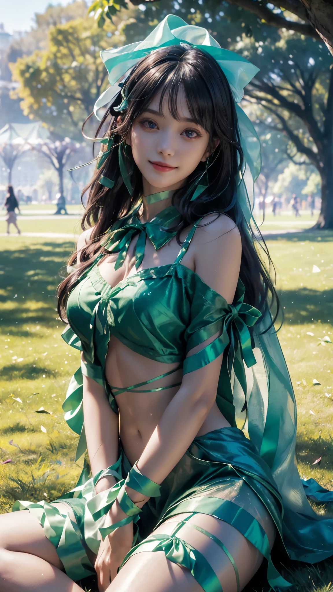 (ultra-realistic realism), (illustratio), (A high resolution), (8K), (The is very detailed), (Best Illustration), (Beautifully detailed eyes), (top-quality), (ultra - detailed), (tmasterpiece), (HD Color), 1 girl, ((24 years old girl)), ((glosy skin)), (A detailed face), solo, 1 girl in, looking at viewert, finedetail, A detailed face, in the darkness nigth, deep shading, low tune, pureerosfaceace_V1, A smile, green shawl ,straight hair, 46-point diagonal bangs, (beautiful stomach, strips), (shining ribbon:1.5), (cropped shoulders), (in the park:1.5), lake, ((laying on the grass)),