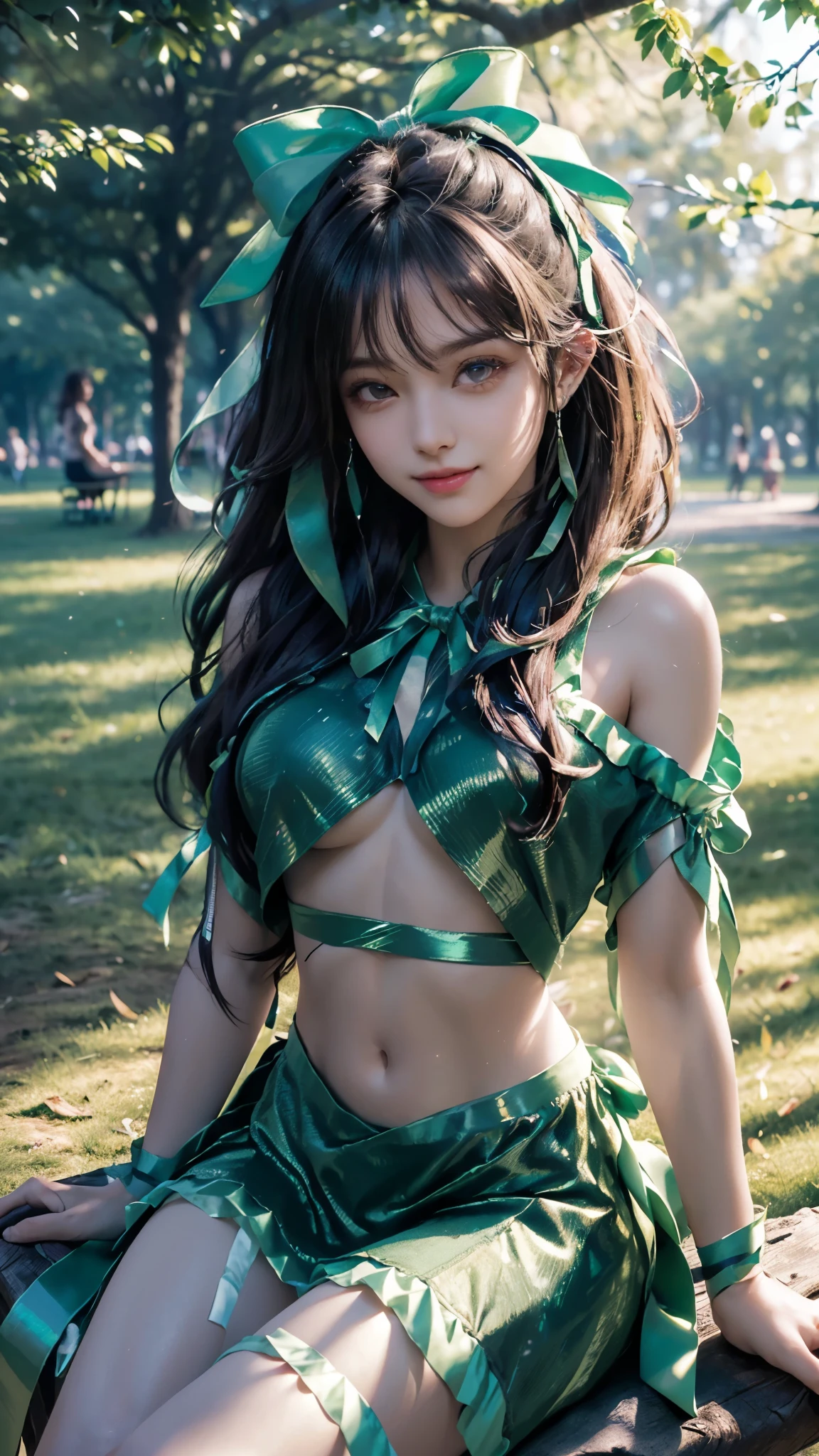 (ultra-realistic realism), (illustratio), (A high resolution), (8K), (The is very detailed), (Best Illustration), (Beautifully detailed eyes), (top-quality), (ultra - detailed), (tmasterpiece), (HD Color), 1 girl, ((24 years old girl)), (A detailed face), solo, 1 girl in, looking at viewert, finedetail, A detailed face, in the darkness nigth, deep shading, low tune, pureerosfaceace_V1, A smile, green shawl ,straight hair, 46-point diagonal bangs, (beautiful stomach, strips), (shining ribbon:1.5), (cropped shoulders), (in the park:1.5), lake, ((sitting on the chair)),