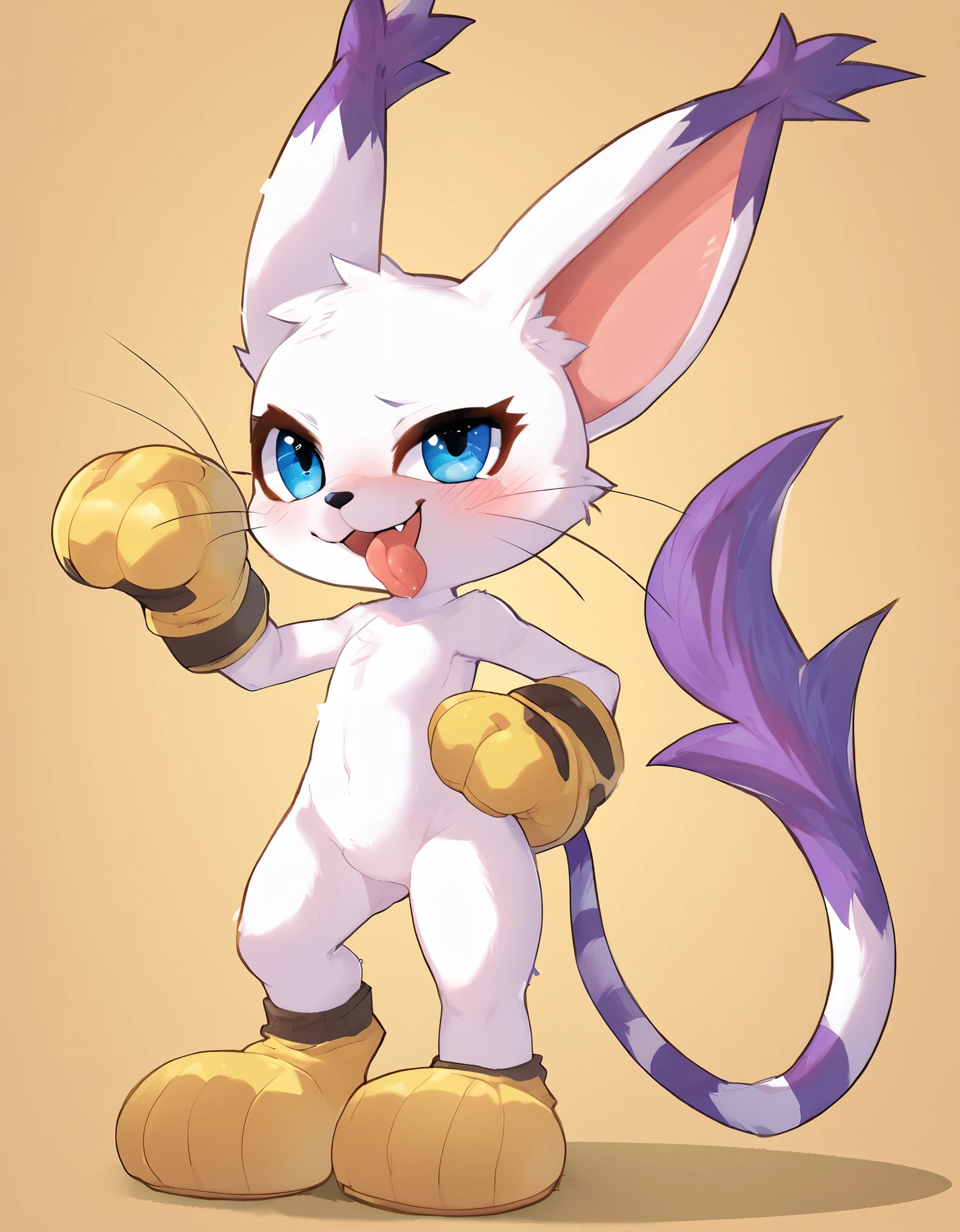 cheesoart, bandai_namco, digimon, digimon_(species), felid, feline, gatomon, mammal, 2024, absurd_res, full-length_portrait, hi_res, portrait, ambiguous_anthro, ambiguous_gender, black_nose, blue_eyes, blush, clothing, cute_fangs, dipstick_ears, ear_tuft, eyelid_pull, eyelid_pull_taunt, featureless_crotch, front_view, glistening, glistening_eyes, gloves, gloves_only, hand_on_hip, handwear, handwear_only, leaning, leaning_forward, looking_at_viewer, looking_up, markings, mostly_nude, multicolored_ears, paw_gloves, plantigrade, raised_tail, simple_background, solo, standing, striped_markings, striped_tail, stripes, tail, tail_markings, tail_tuft, tongue, tongue_out, tuft, whiskers, yellow_background