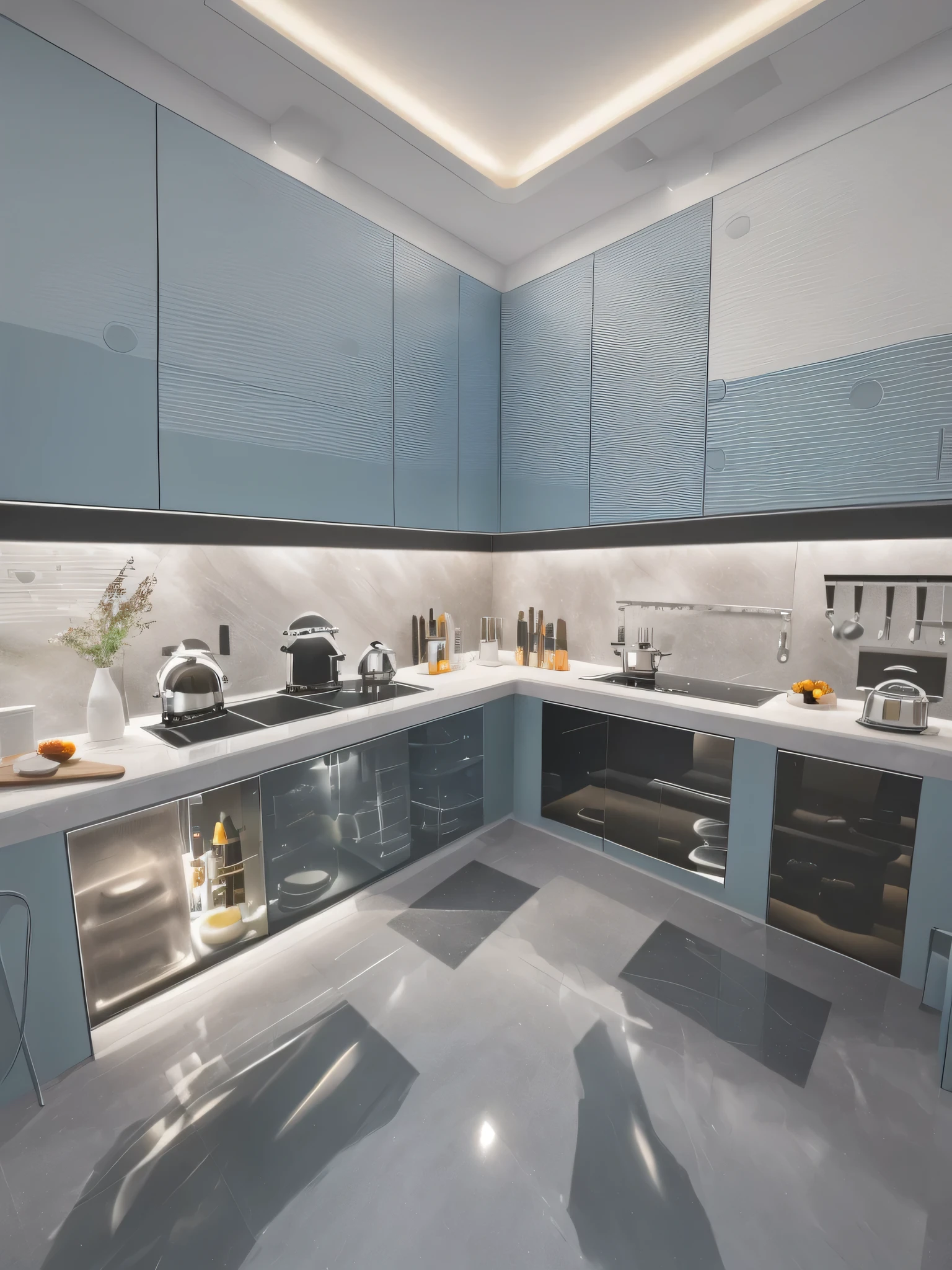 Modern kitchen, with wall-mounted kitchen cabinets, with refrigerator, high quality images