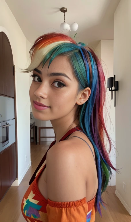 Photo oF a 17 year-old American girl, .CRUDO, beautiFul woman,  cabello de colores  , cabello color arcoiris , pelo arcoiris ((retrato)), ((Cara detallada:1.2)), ((Detailed Facial Features)), (Piel Finamente detallada), pale skin , pecas en mejillas , ojos color rosa, 、un sexy(color fresco), wet, wet, ReFlectoreasutepiece) (proporciones perFectaotos realistas)(La mejor calidad) (Detallado) FotograFiado con una EOS R5 de Canon, lente de 50 mm, F/2.8, NFFSW, (8K) (papel tapiz) (cinematic lighting) (dramatic lighting) (sharp Focus) (Enrevesado) senos grandes , pechos grandes , pecas en mejillas , cuerpo completo , hermoso cuerpo de adolesente , posando sexy a la camara , posando de Frente para la camara ,lindo maquillaje , linda  sonrisa , labios rojos. Mlp  , Rainbow Dash , ropa interior sexy , pijama sexy,  cuerpo completo , caminando , parque , anochecer 