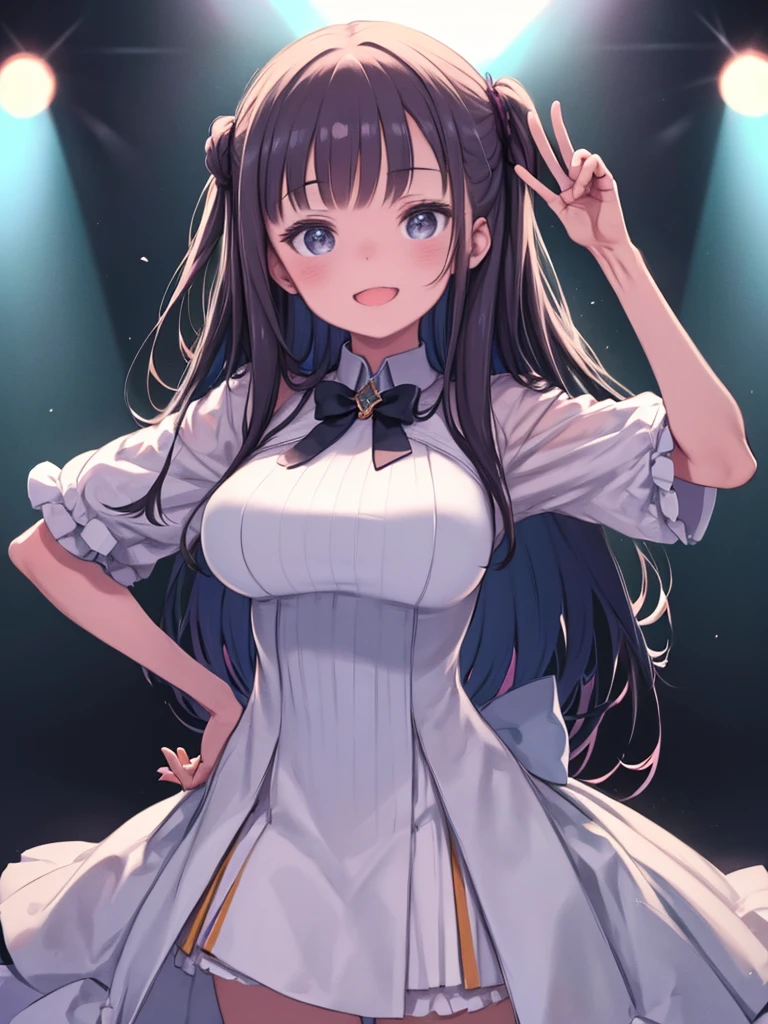 masterpiece、highest quality、High resolution、Very detailed、Close-up、Medium wide shot、Upper Body、Girl、Big Breasts、Hands in front of head、Peace sign in front of the head、Elbows at head height、salute、Put your hands on your hips、laughing、Stand with your feet apart、pose、Idol、On stage、