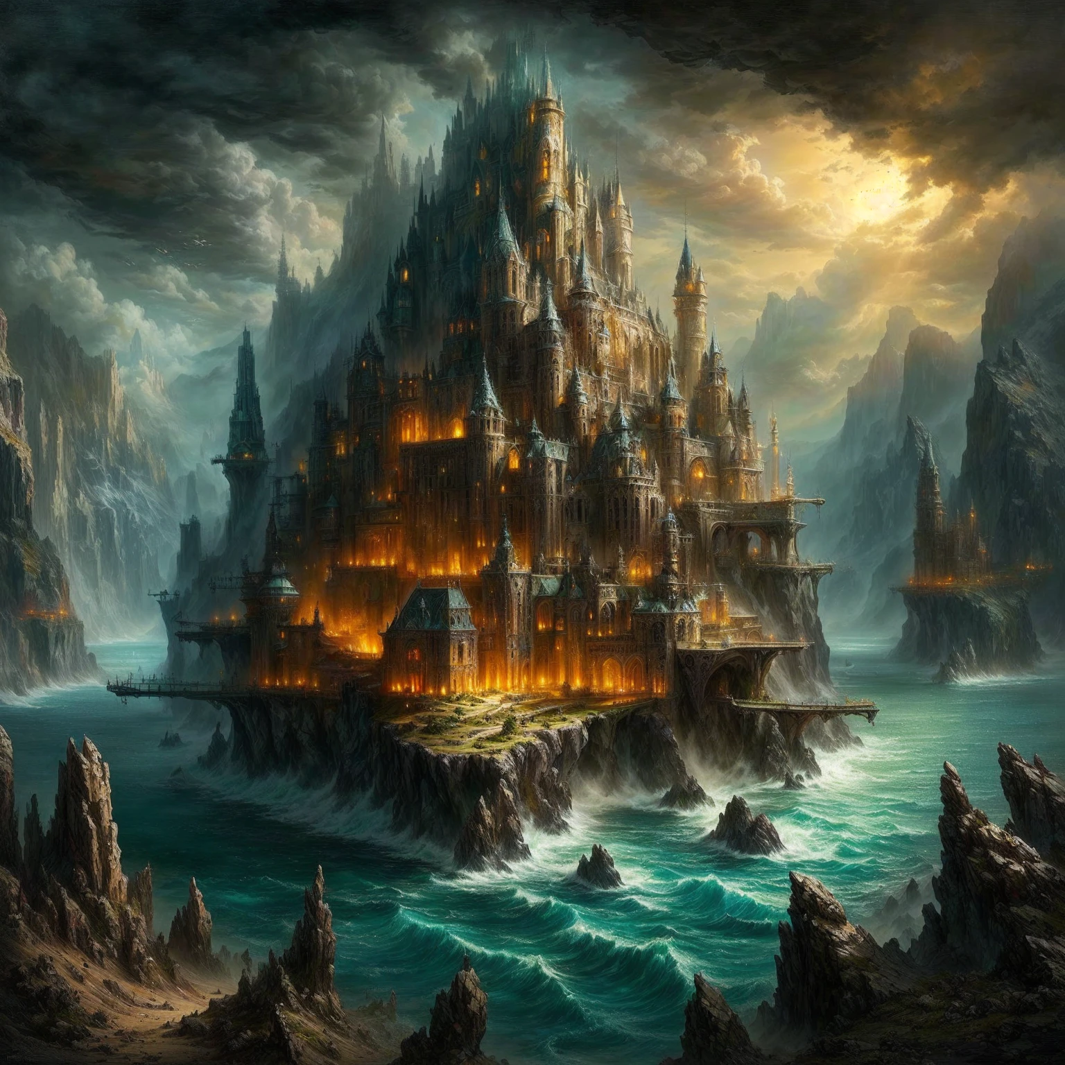 a painting of a cave with a waterfall and a bridge, highly detailed fantasy art, detailed fantasy digital art, beautiful fantasy cave scene, Fantasy art realistic painting, detailed fantasy art, fantasy art landscape, impressive fantasy landscape, breathtaking fantasy art, Wide Angle Fantasy Art, detailed matte fantasy painting, symmetrical epic fantasy art, Fantasy Painting HD, beautiful fantasy painting