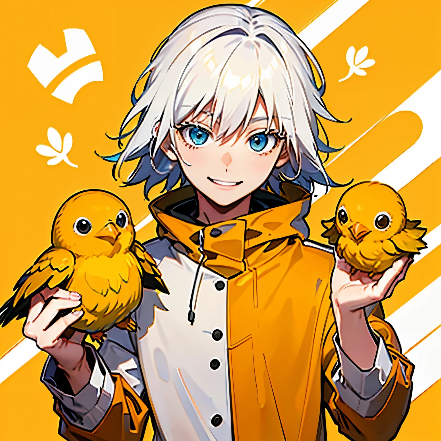 Beautiful Faces, Beautiful Hands, highest quality, Chick Food, Smiling at the chick, Chick costume, Chick costume, There are lots of yellow chicks around, There is a small chick on the hand,