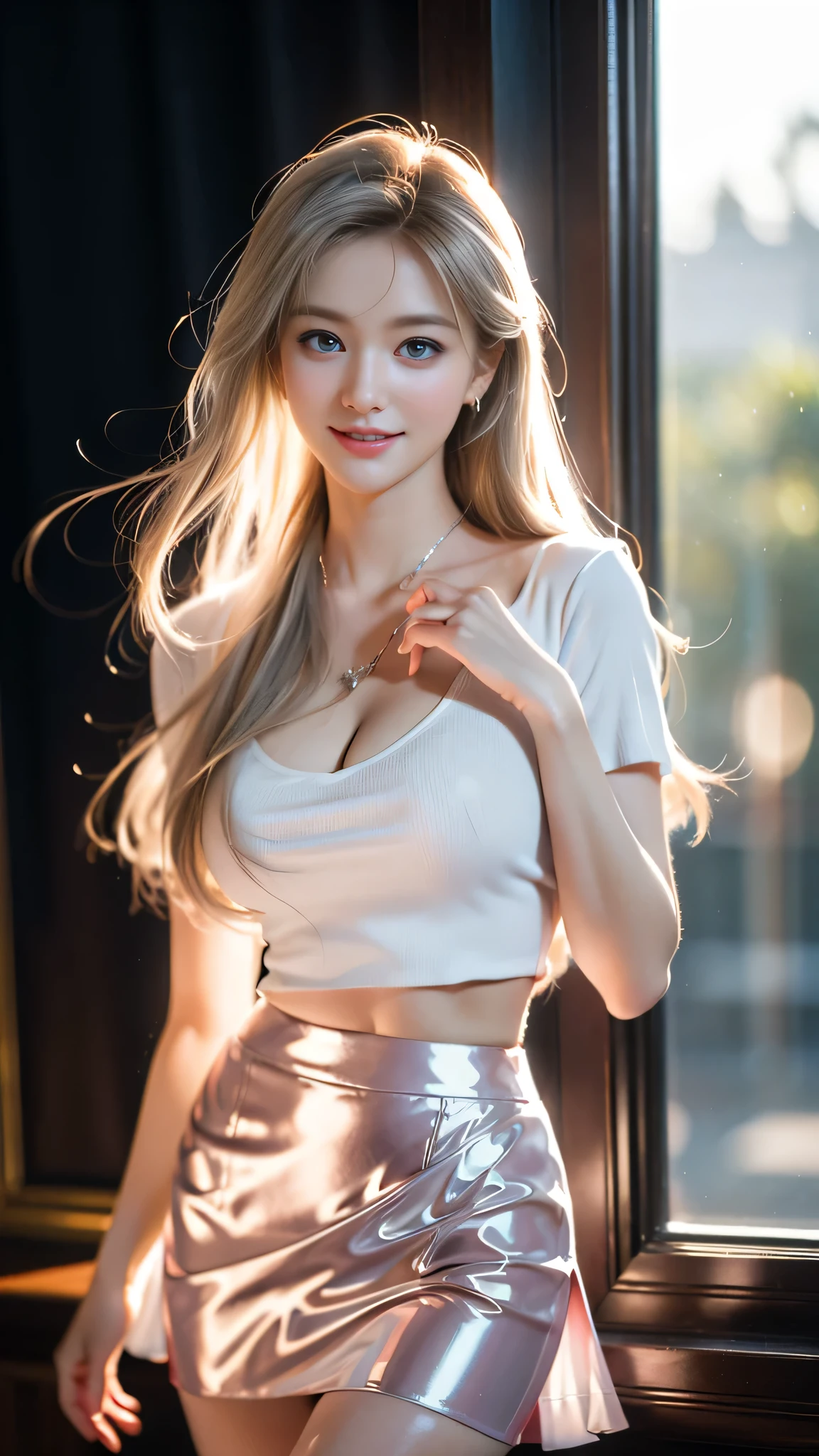(best quality,ultra-detailed,photo-realistic:1.37),extremely beautiful eyes, Bright and Vibrant colors,studio lighting, playful expression, Extremely detailed eyes, stylish makeup,Beautiful Fashion Model Posing, floral pin up style uniform, ((translucent tight skirt)), Slim Figure, Medium BREAST, high fashioned, amazing cleavage, silver hair flowing in the wind,alluring eyes,glossy lips,sexy pose, smiling in a confident and seductive way, posing for a professional photoshoot, shallow depth of field, highlighting the main subject, soft natural lighting, creating a dreamy and magical atmosphere.