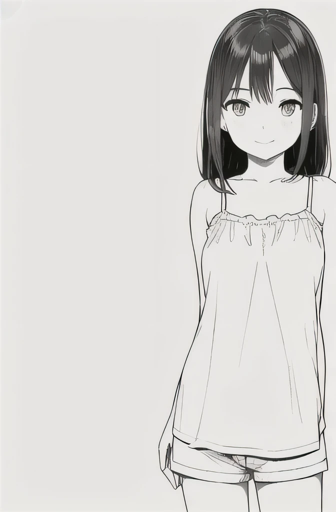 masterpiece, best quality, 1girl, 14 y.o girl, shoulder length wavy hair, breasts, cute eyes, white oversized camisole:1.2, short hot pants, slight smile, looking at viewer, outdoors, line-drawing, monochrome, simple background