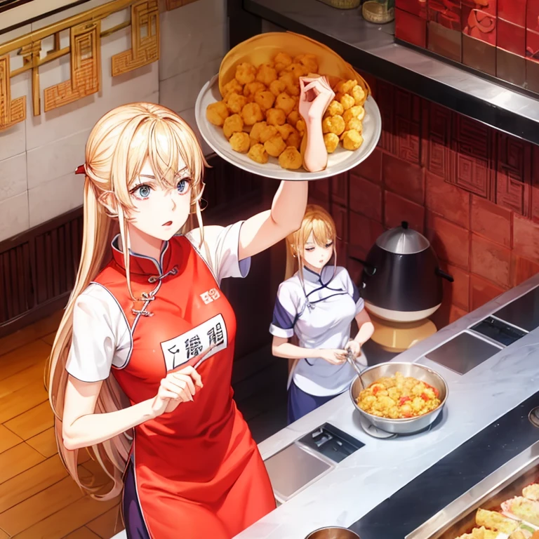 With a towel wrapped around my head at a Chinese restaurant、A blonde woman in a Chinese dress making mapo tofu highest quality Wearing an apron