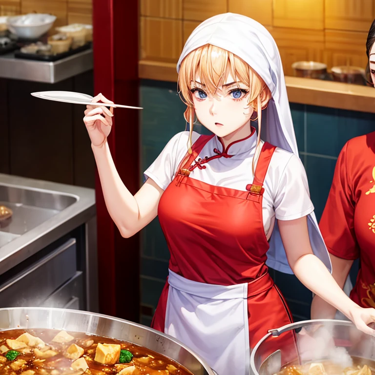 With a towel wrapped around my head at a Chinese restaurant、A blonde woman in a Chinese dress making mapo tofu highest quality Wearing an apron
