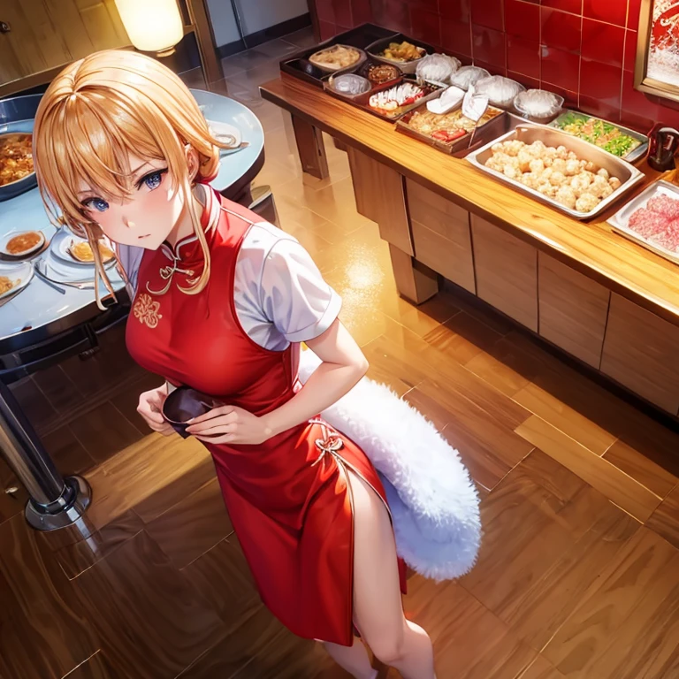 With a towel wrapped around my head at a Chinese restaurant､A blonde woman in a Chinese dress making mapo tofu　highest quality　Wearing an apron