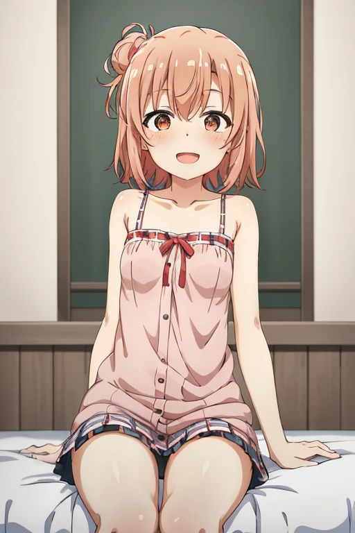 ((highest quality)), ((masterpiece)), (be familiar with), Perfect Face, indoor, Bedroom, Watching the audience,
One woman, Yuigahama Yui,
Open Mouth, Ecstatic expression, blush, smile,
Small breasts, Flat Chest, Young Girl, , , Girl,
Short Hair, Salmon-colored hair, Salmon-colored eyes, Side Pony,
Leg spread,